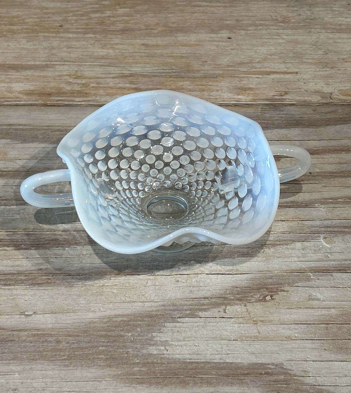 Vintage Fenton Moonstone glass candy dish w/ handles