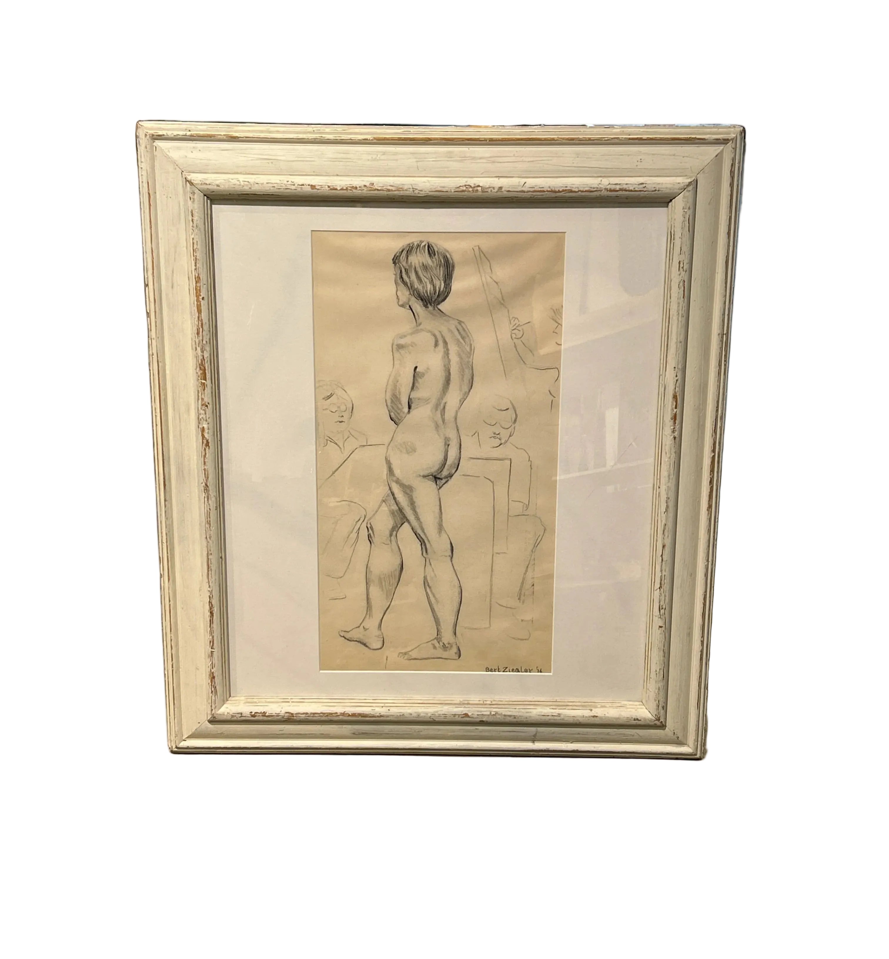 Vintage standing nude female figure drawing in white frame