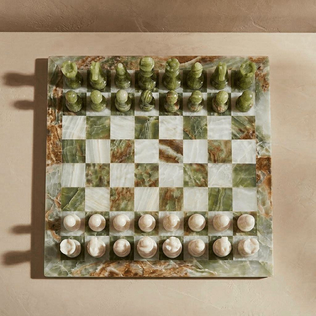 Marble Chess Set with Storage Case - Green Onyx and White: 13 inch