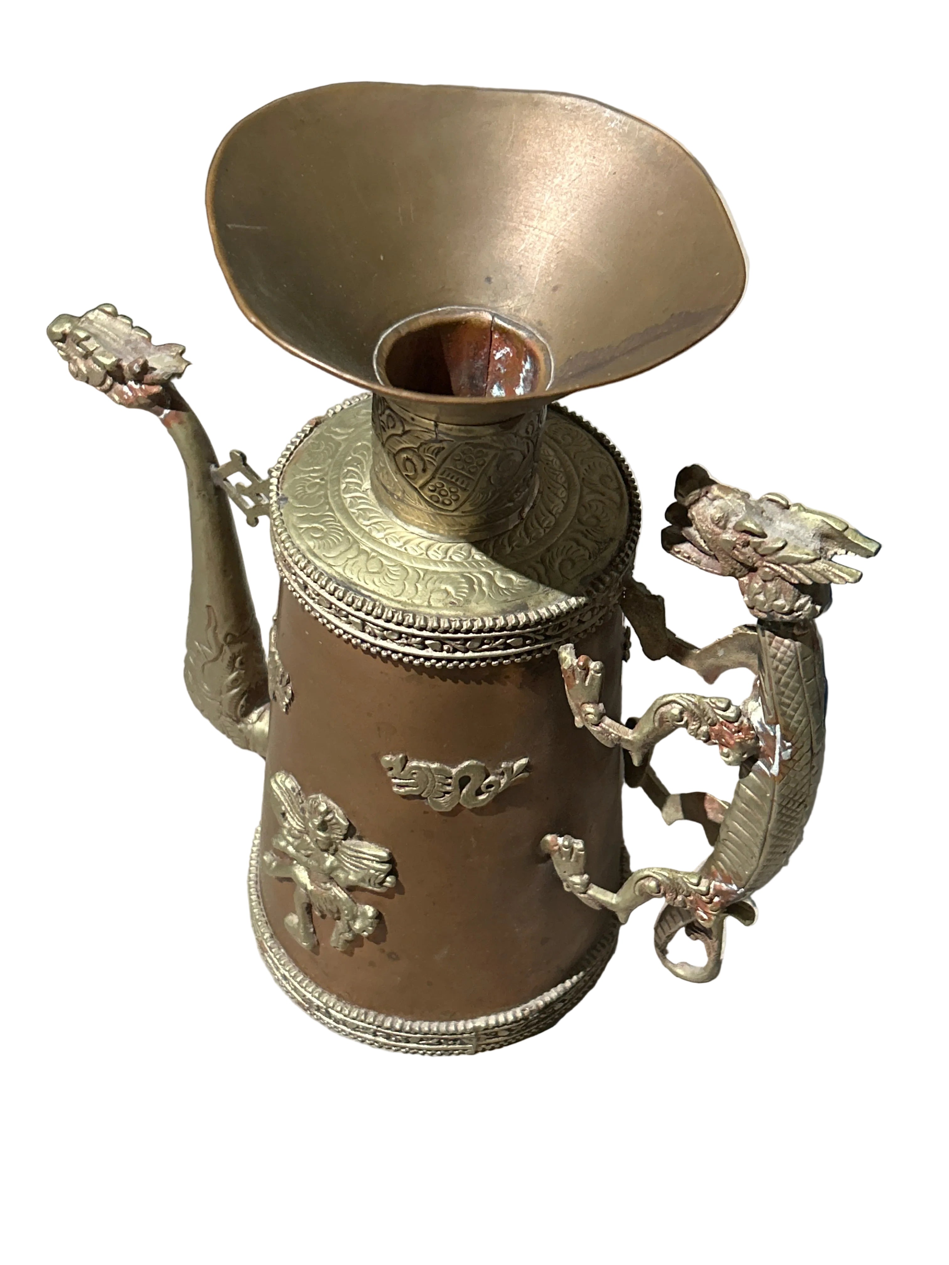 Vintage Tibetan brass urn with dragon handles