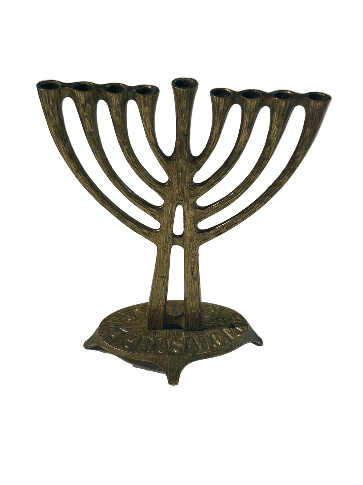 Vintage engraved Jerusalem brass menorah