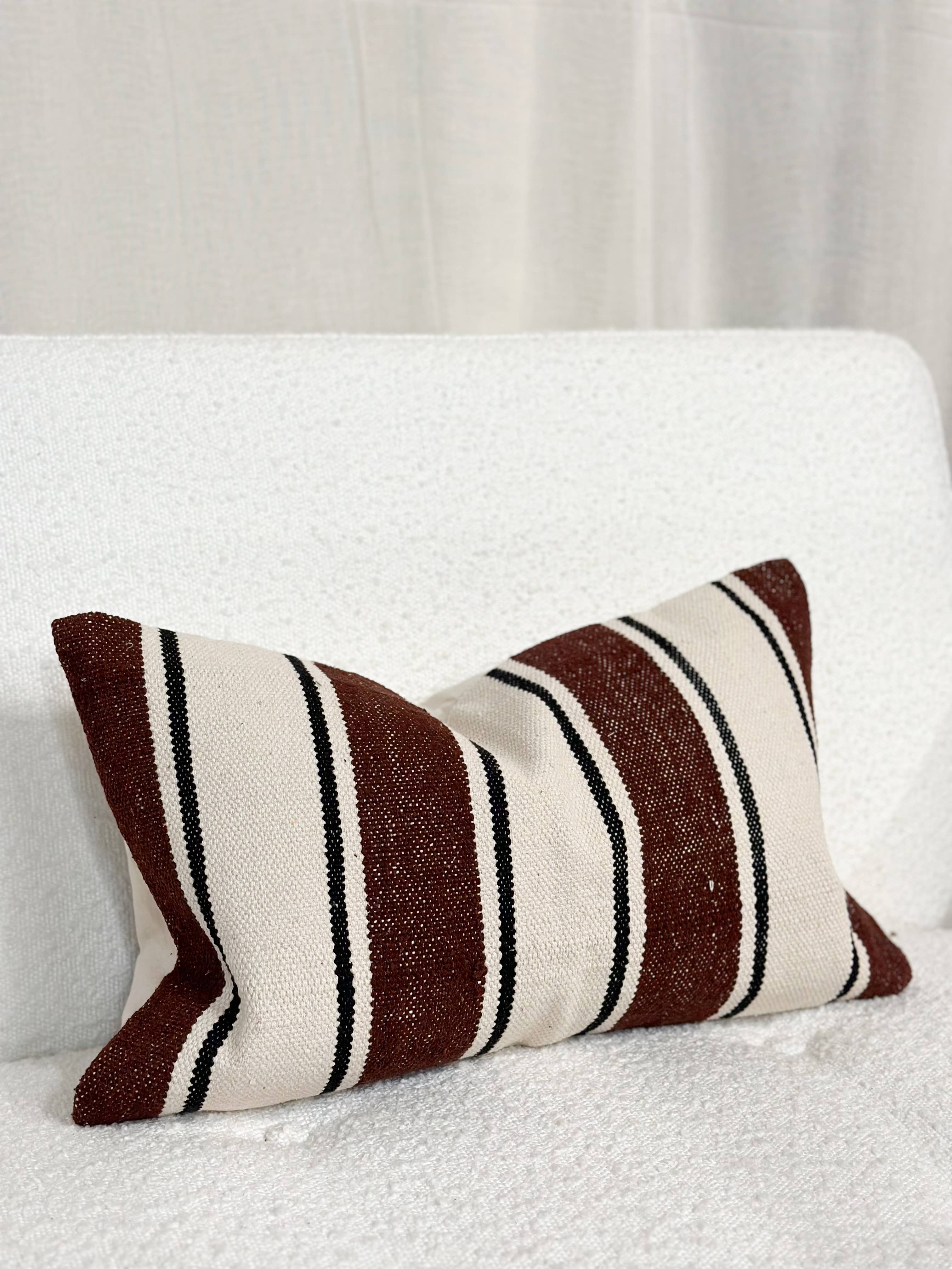 India Luxe Cotton Pillow 20 x 12 in - Plum, Cream & Black Stripe