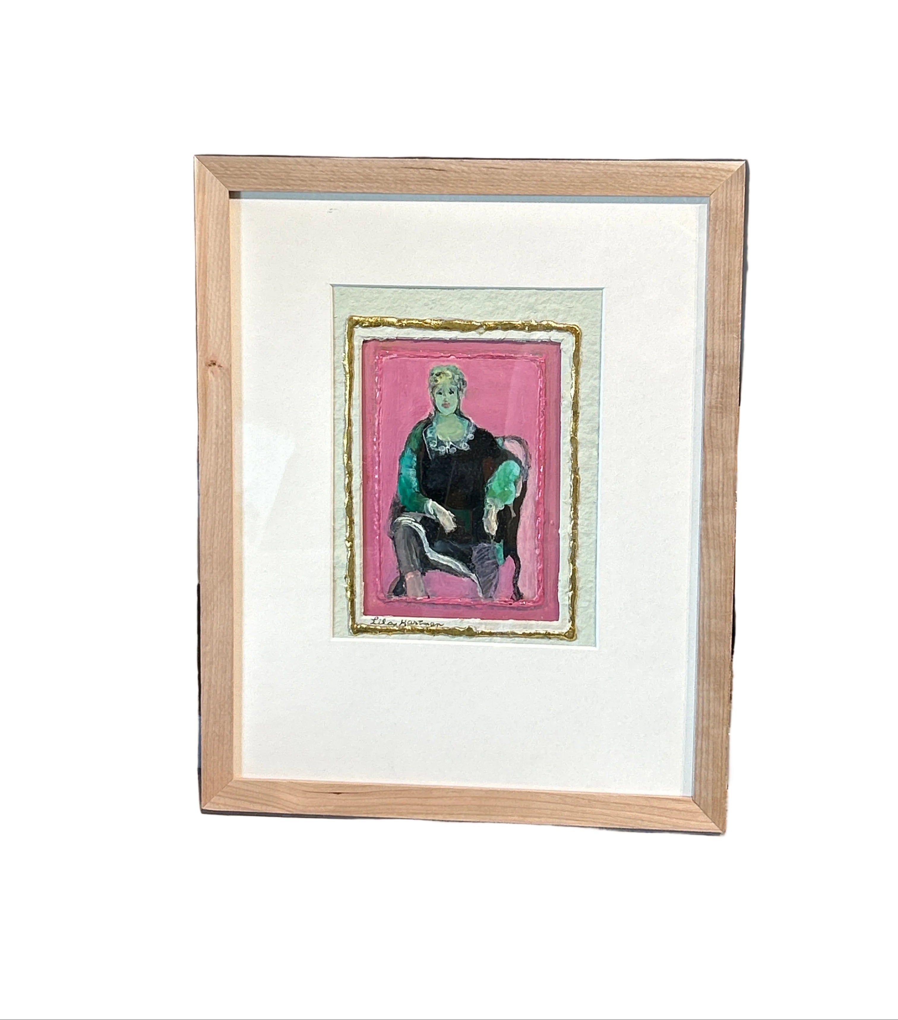 Lila Hartman pink sitting female portrait with gold rim