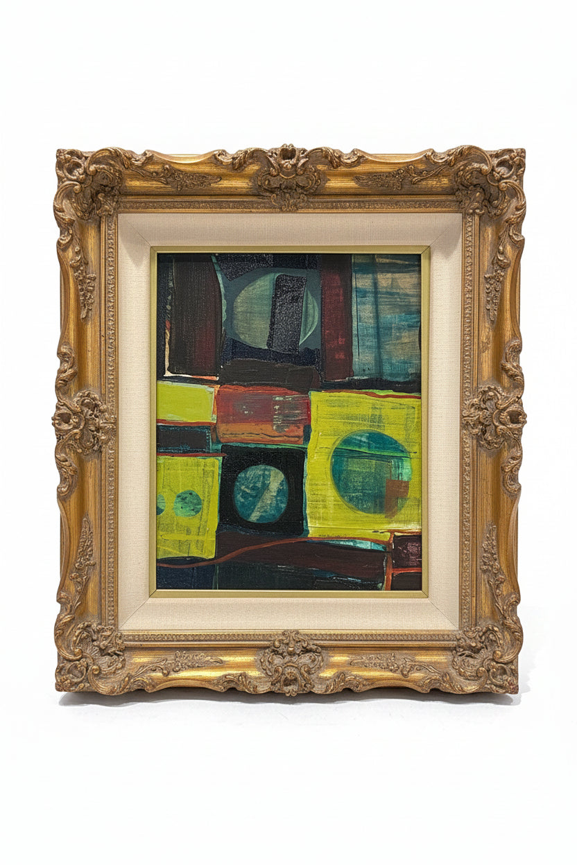 Vintage abstract geometric oil painting in ornate gilt frame