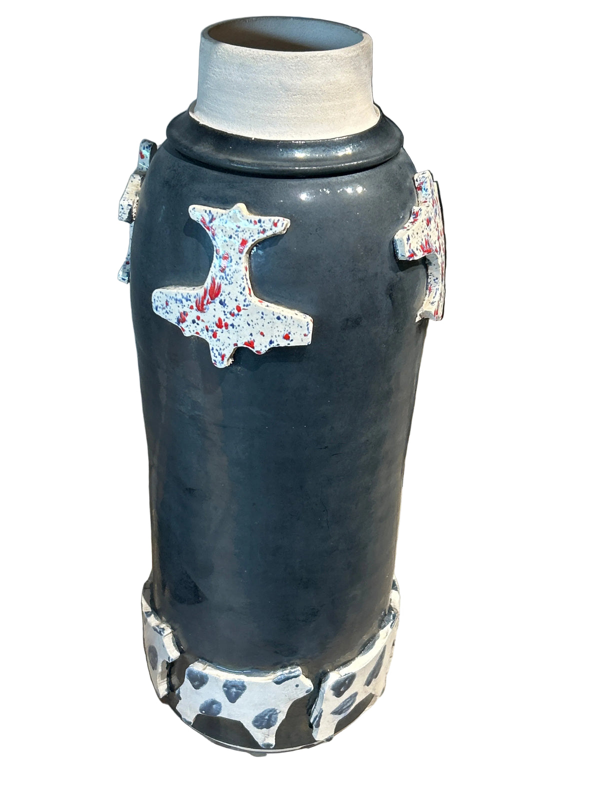 Vintage handmade pottery vase w/ cow motifs signed