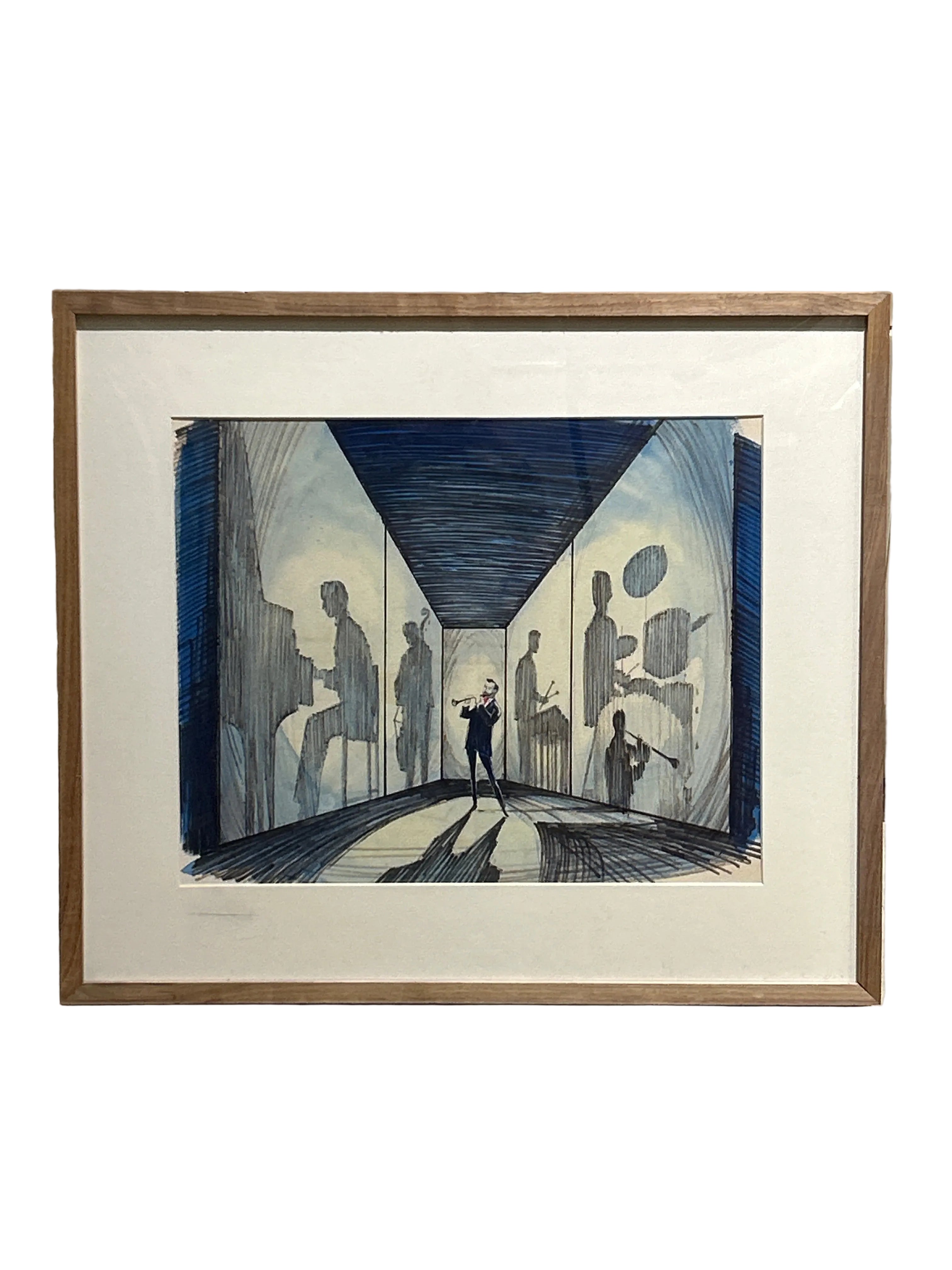 Vintage musicians in silhouette watercolor w/ black ink