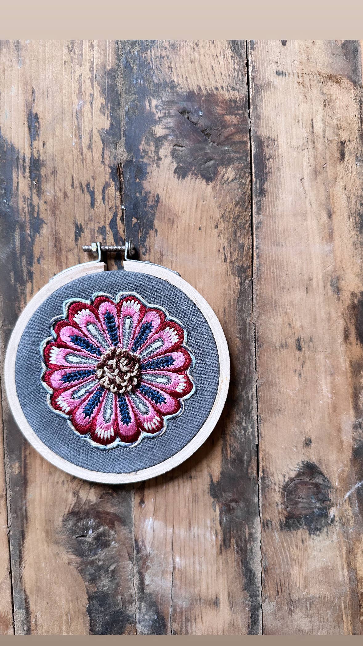 Handmade Embroidered Ornament: Posies on green linen