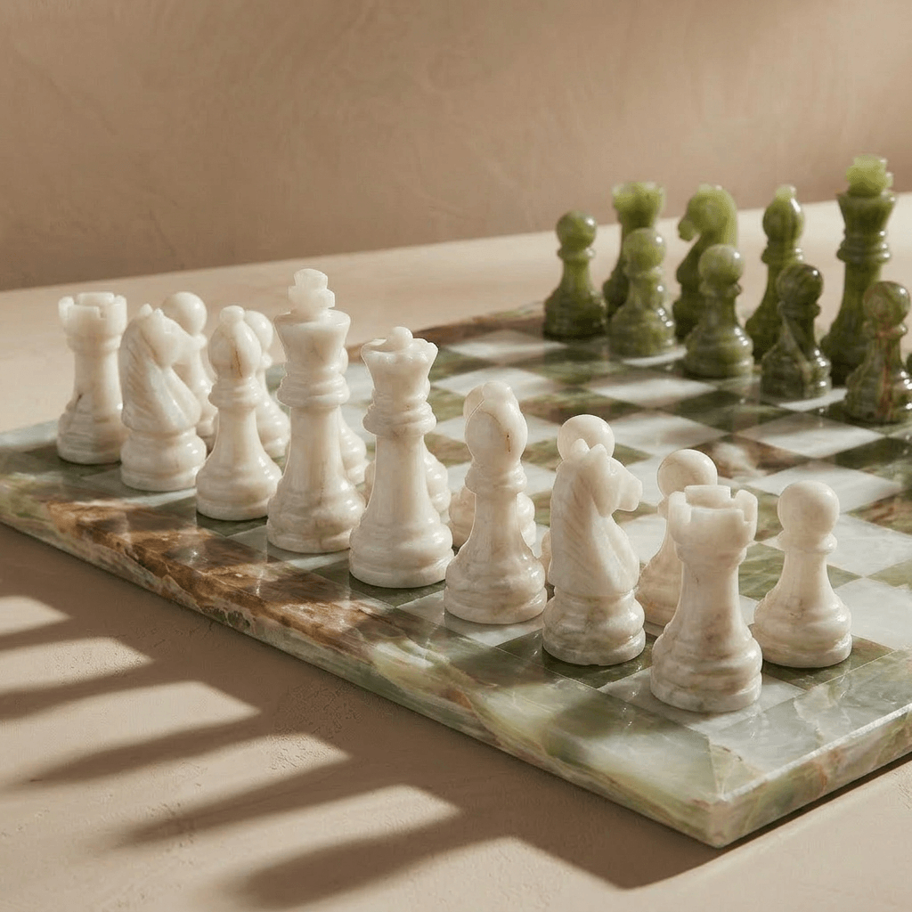 Marble Chess Set with Storage Case - Green Onyx and White: 13 inch
