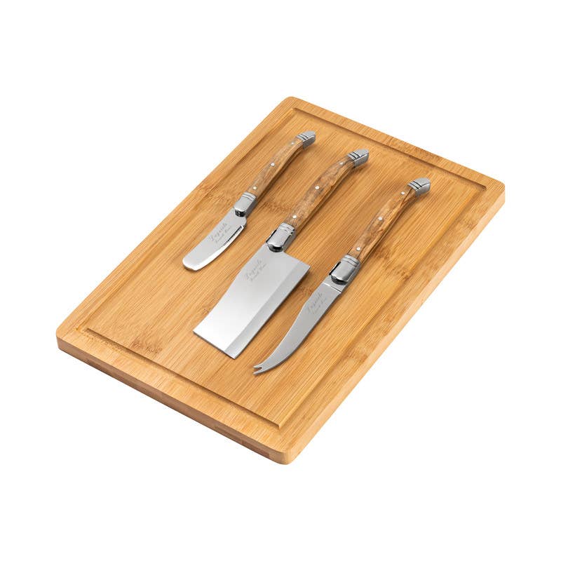 Connoisseur Laguiole Olive Wood Cheese Knives & Bamboo Board