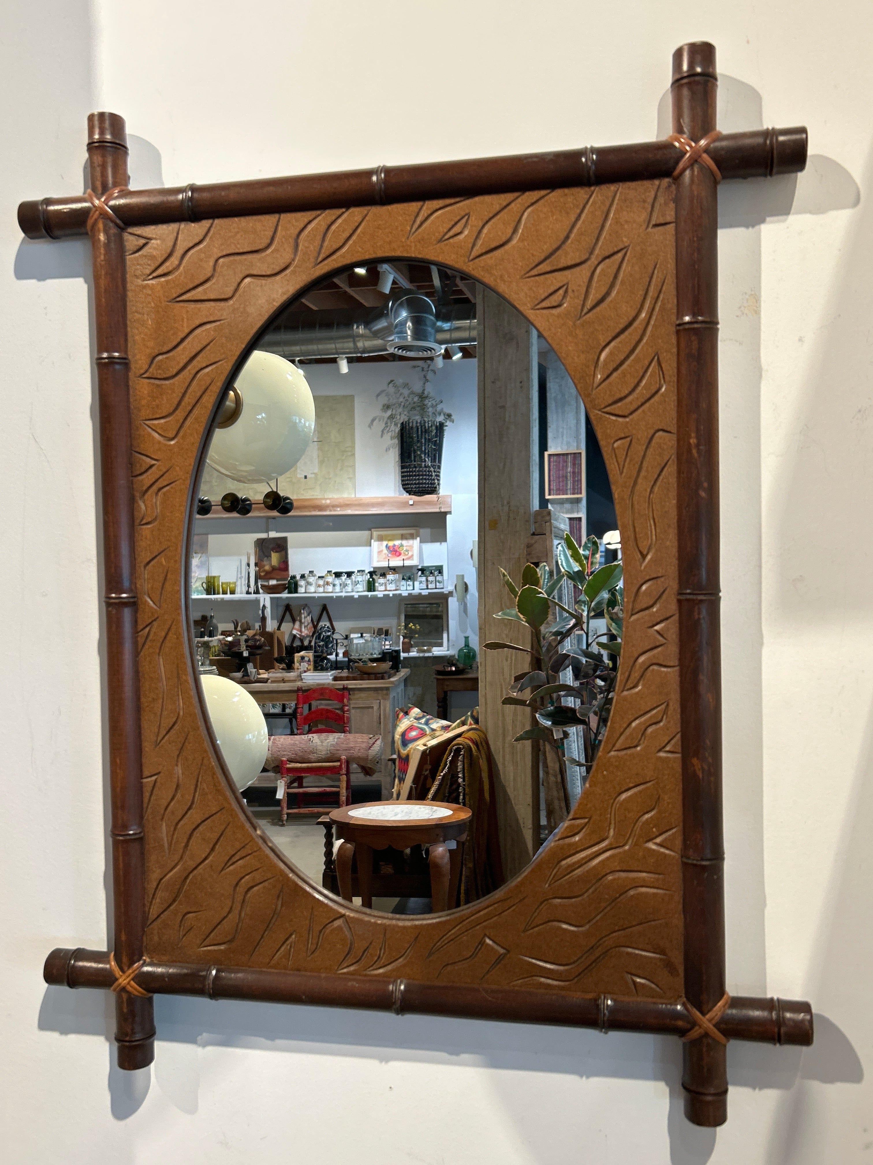 Vintage wood mirror with bamboo ridge