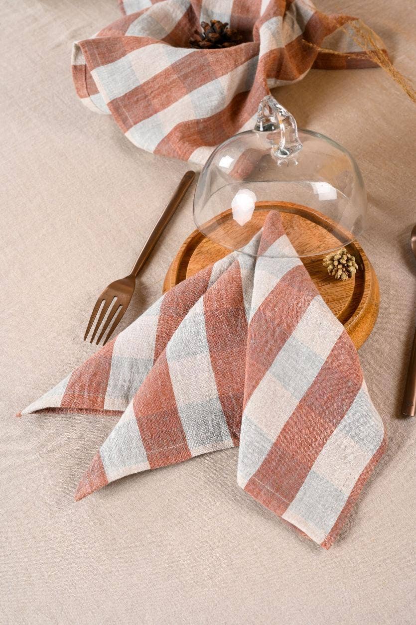 Clara Linen Napkin – Classic Checks: Terracotta-clara / Set of 2 - 10"x10"