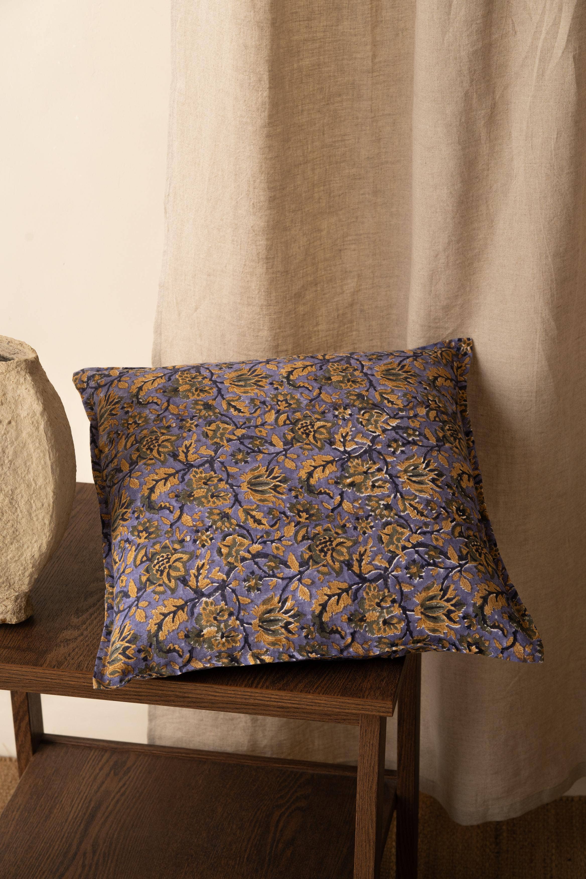 Block Printed Muriel Linen Pillow- Floral Design: 24"x24"
