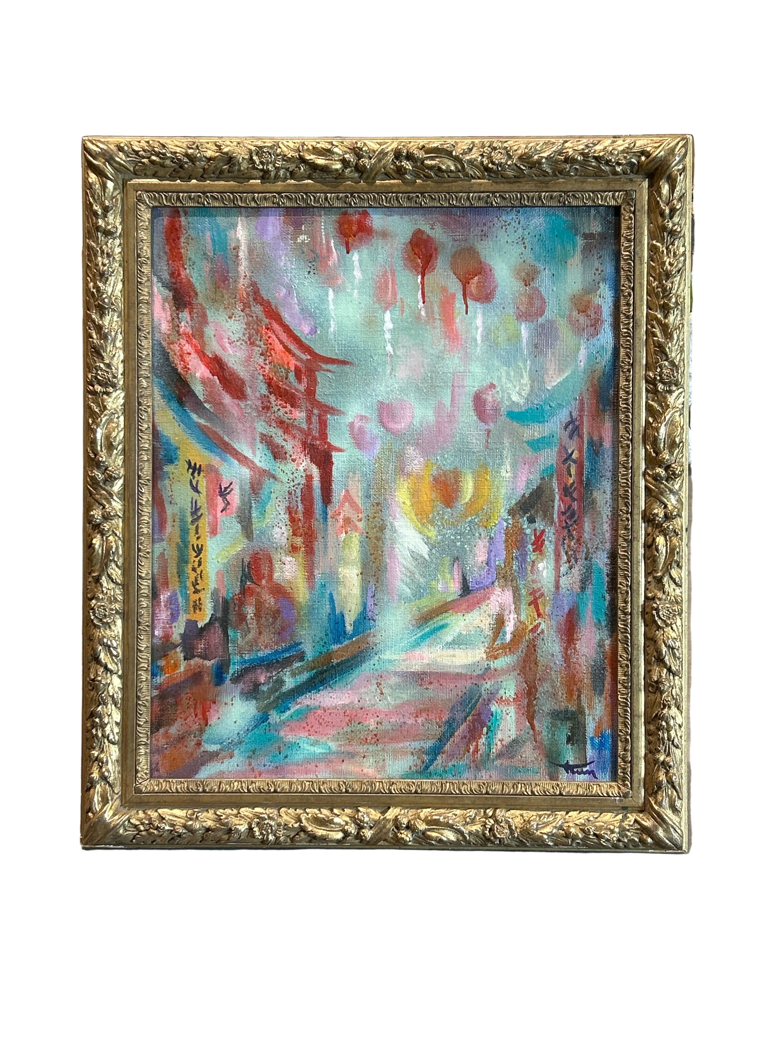 Vintage Japanese abstract street scene in ornate gold frame