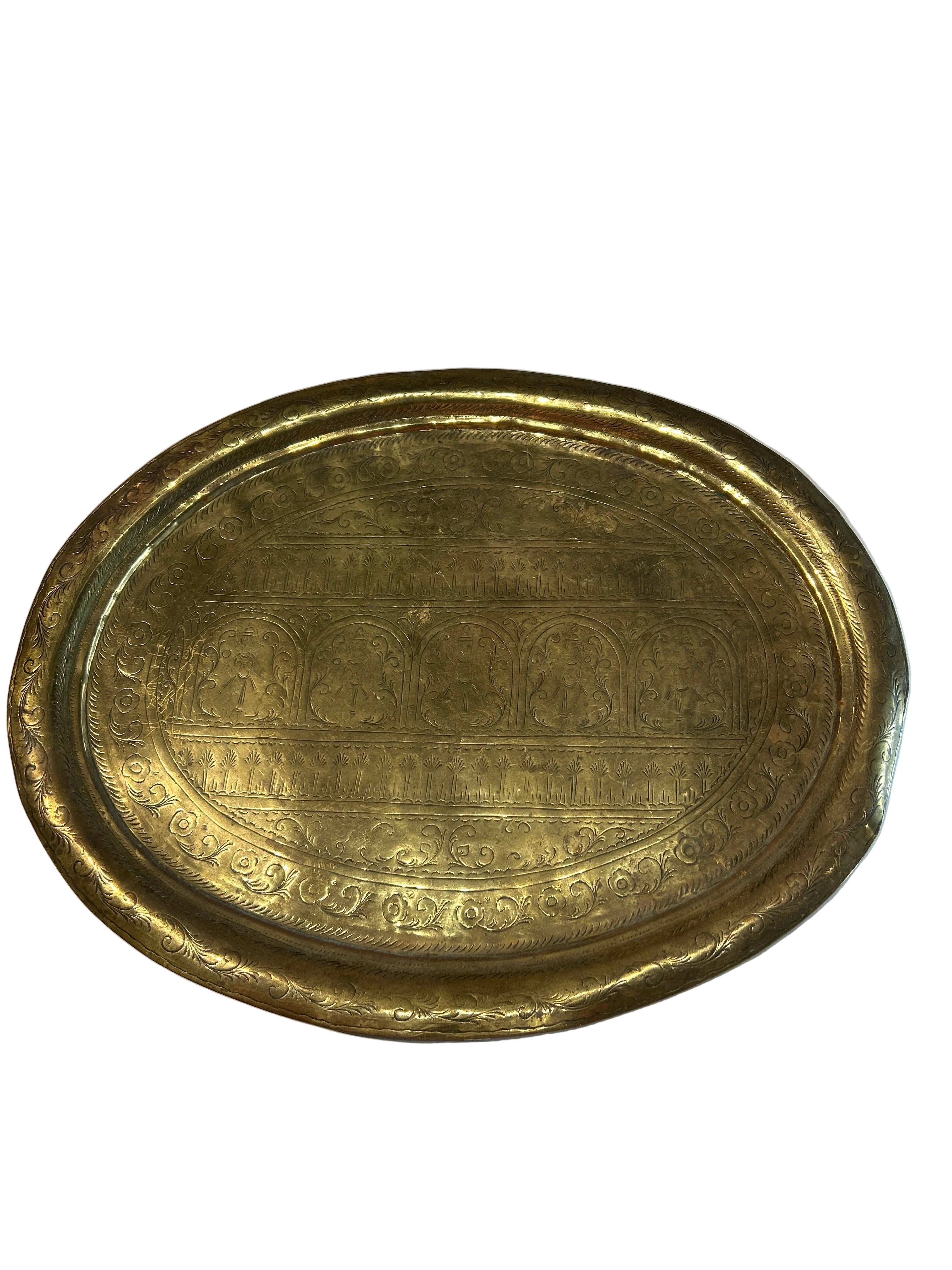Vintage etched brass serving tray