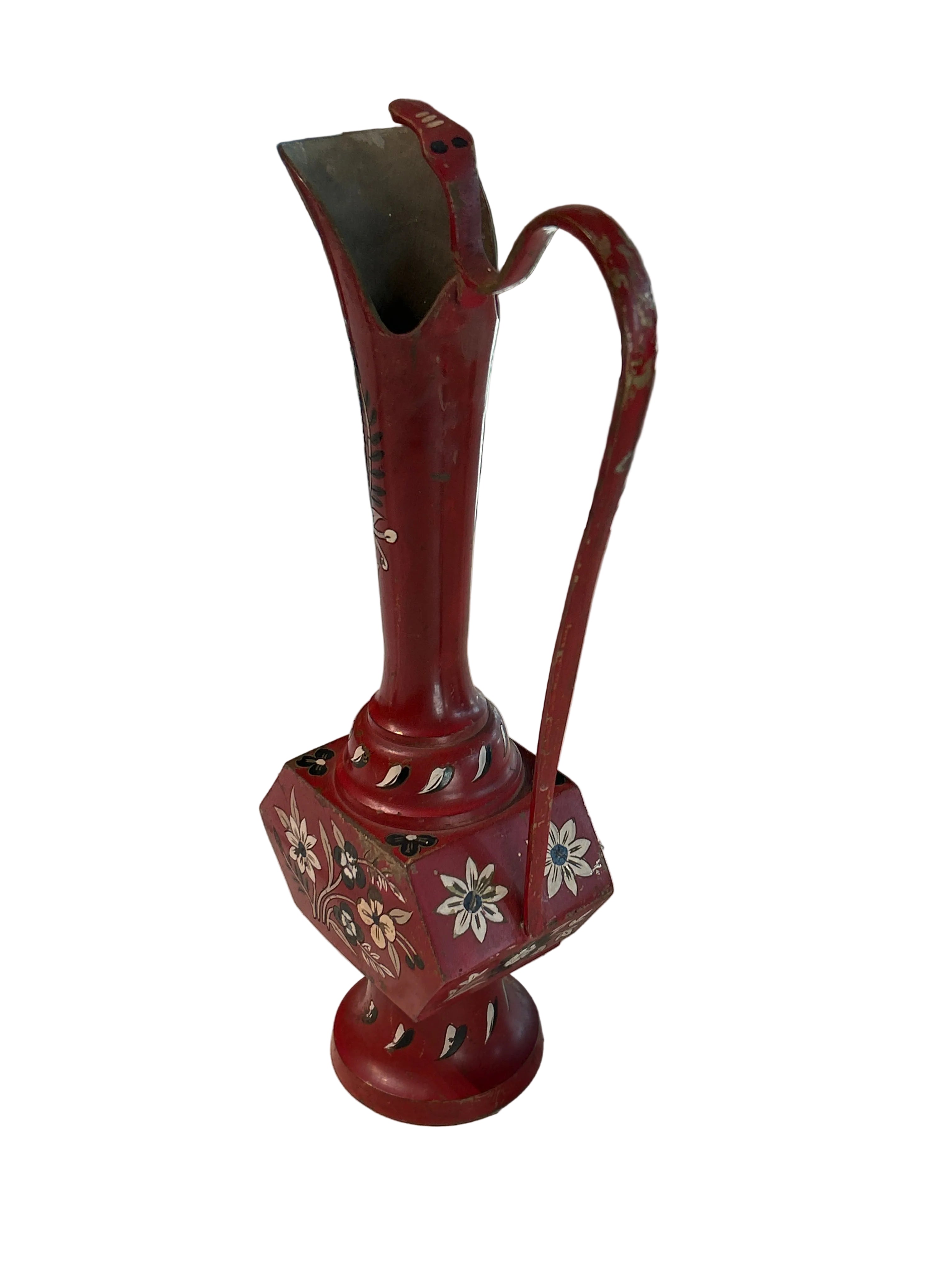 Vintage hand painted floral brass vase