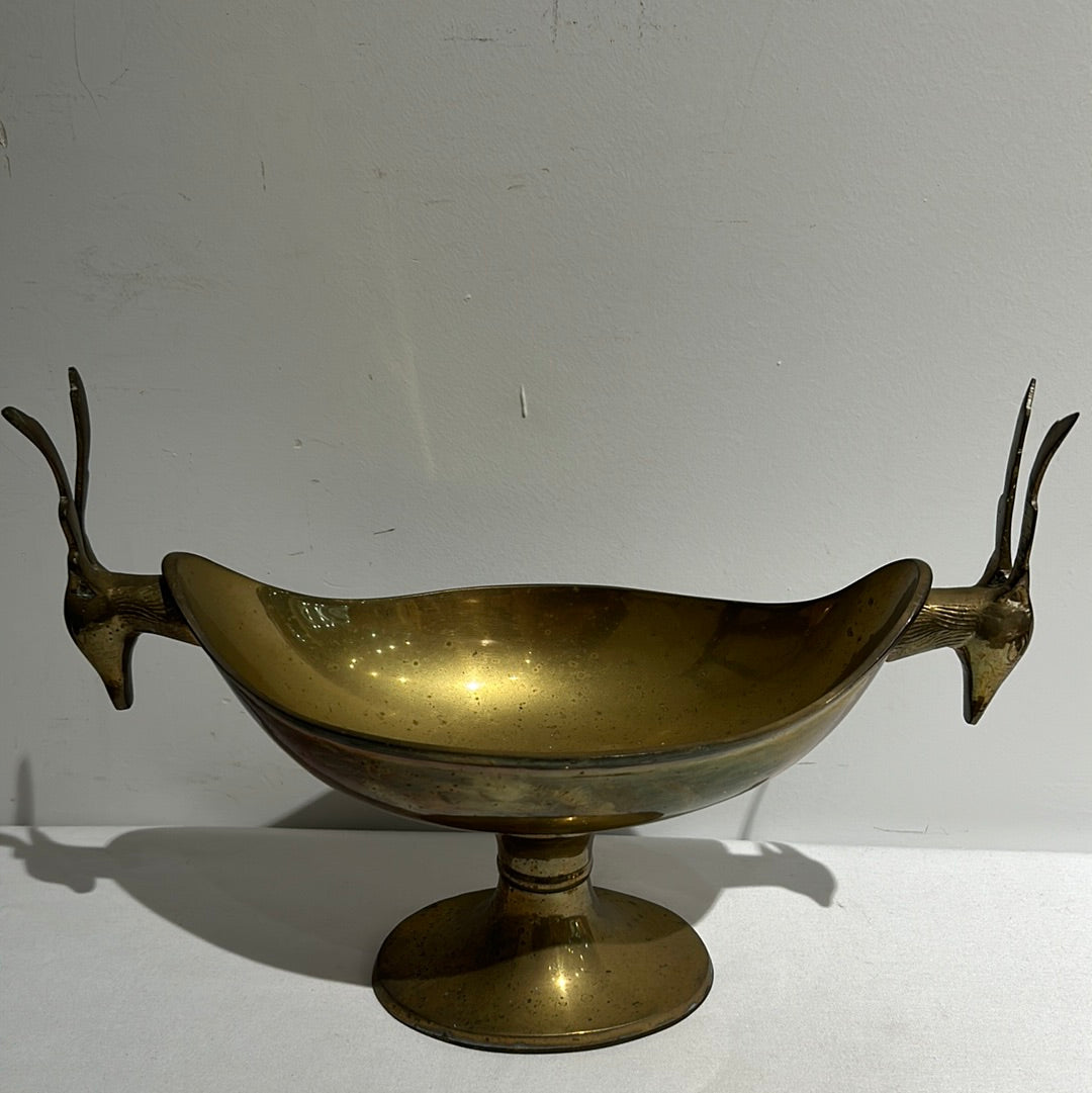 Vintage brass pedestal bowl with antelope handles
