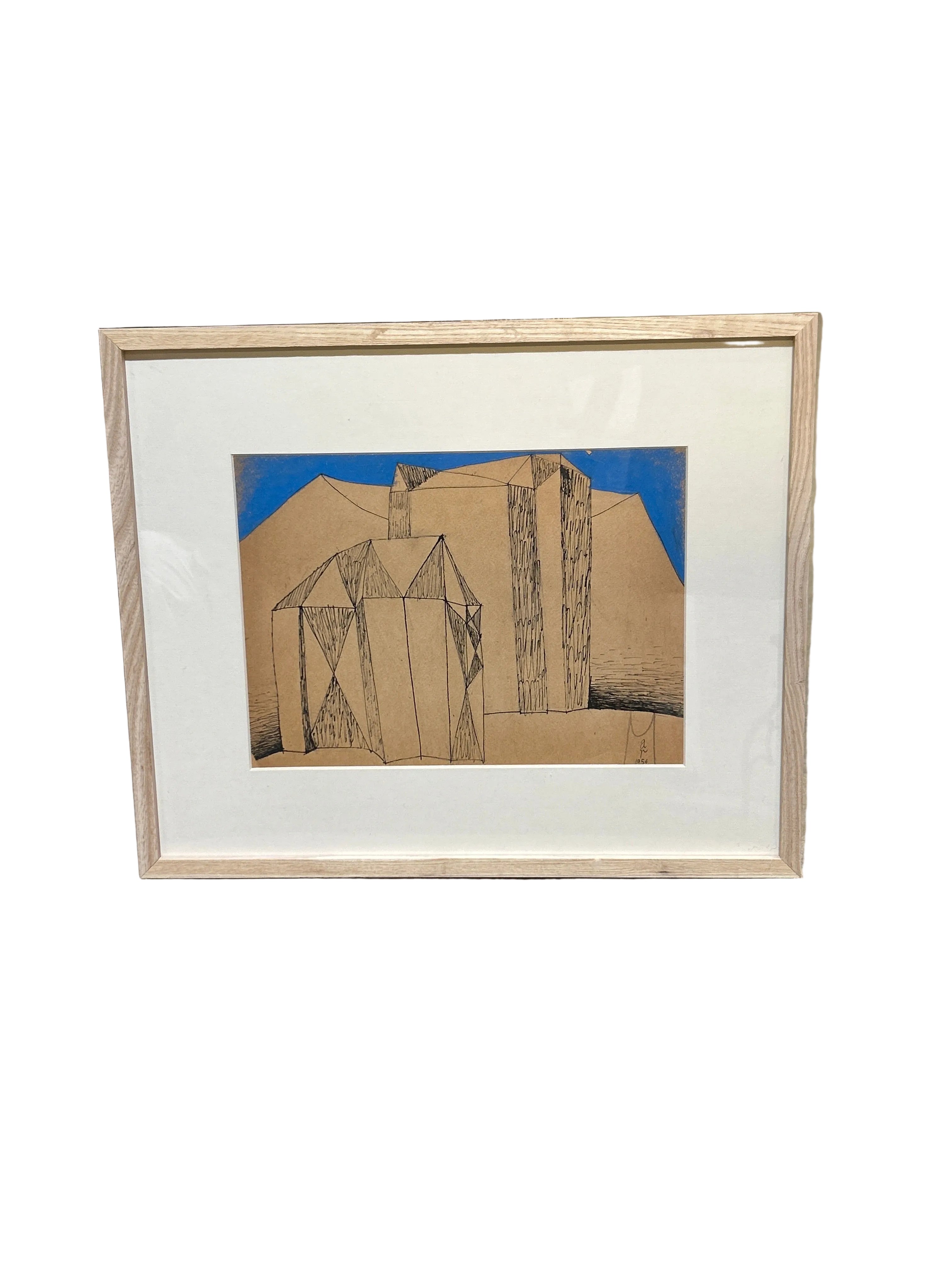 Vintage Albert Radoczy geometric buildings with blue sky