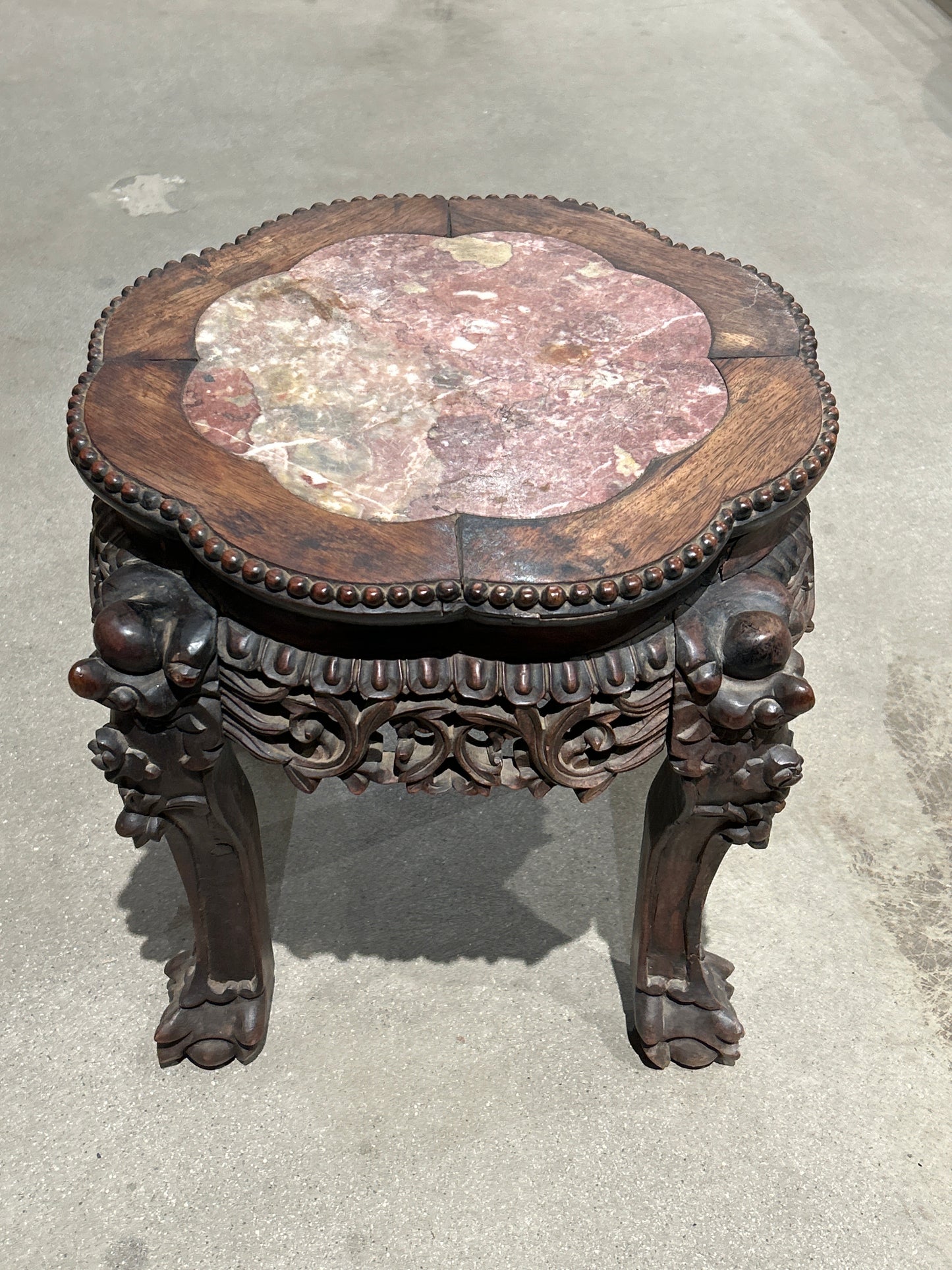 Vintage wood side table with marble top