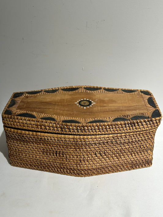 Vintage lidded wood & straw basket