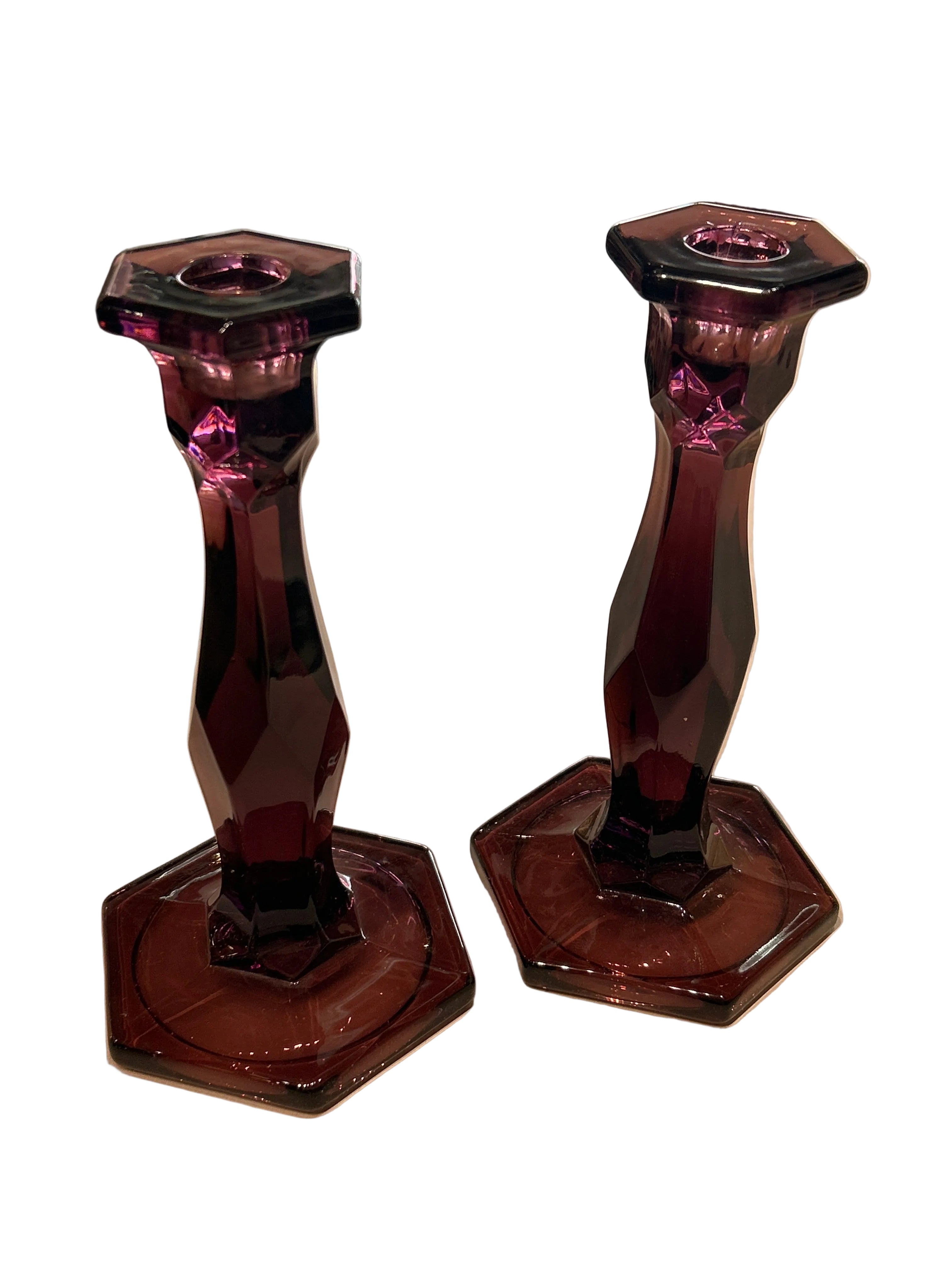 Vintage pair of amethyst glass candleholders