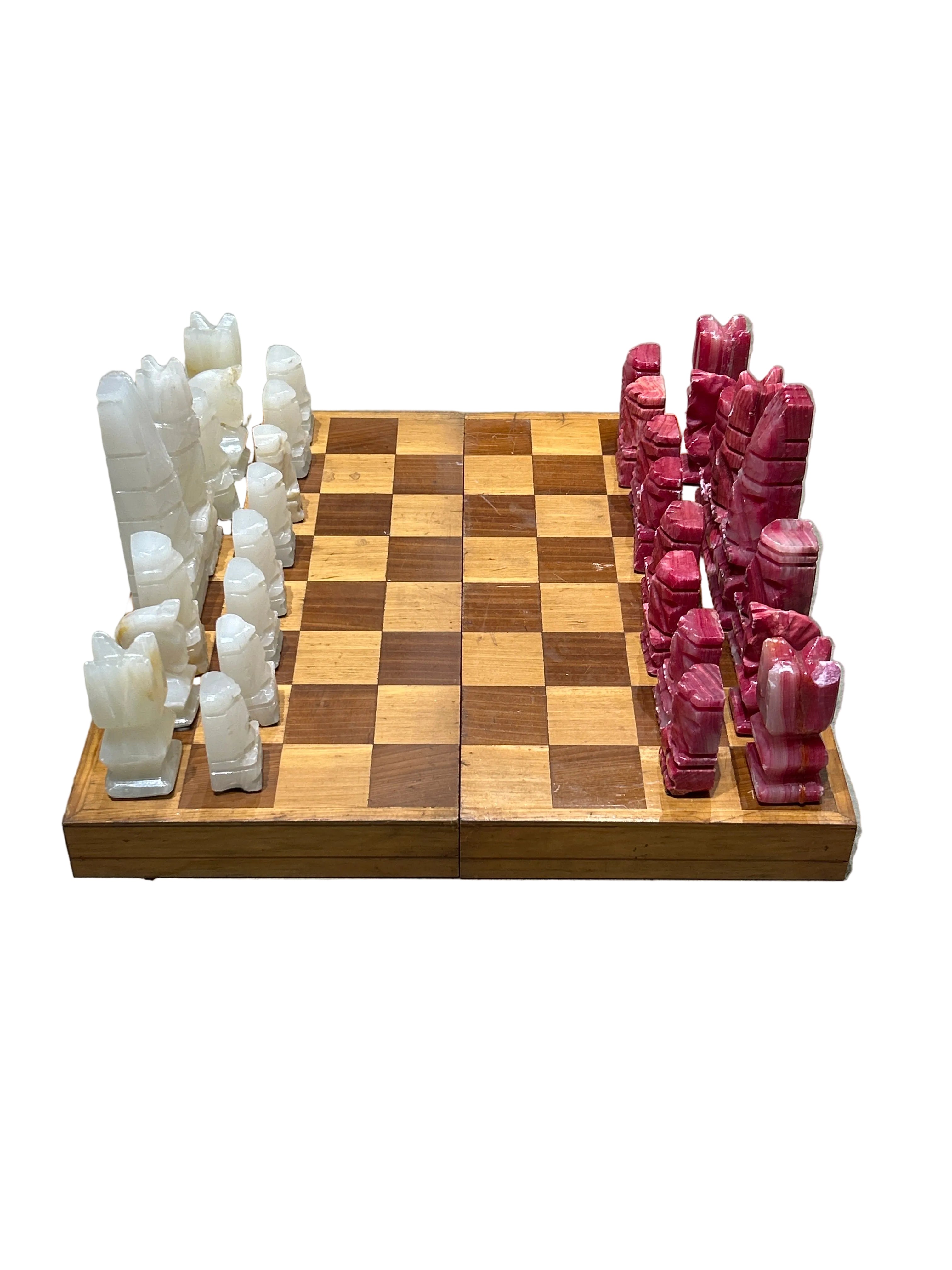 Vintage pink and white onyx chess set