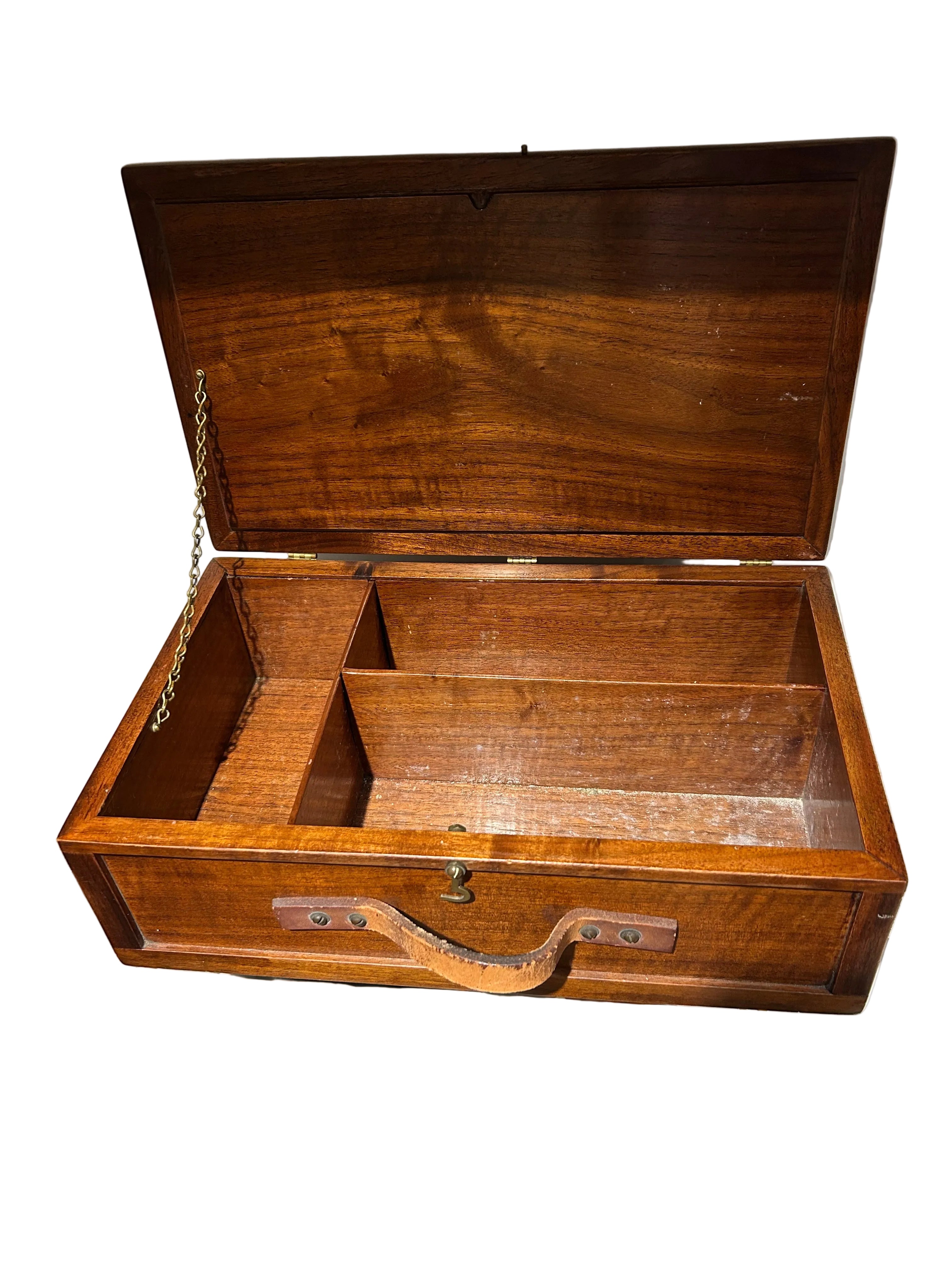 Vintage wood storage box with leather handle