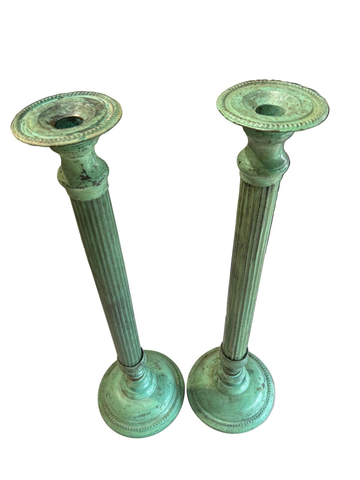 Vintage pair of large green patina'd metal candleholders
