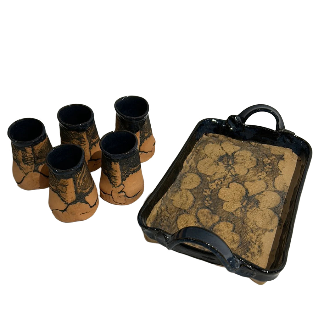 Ceramic tea set with serving tray