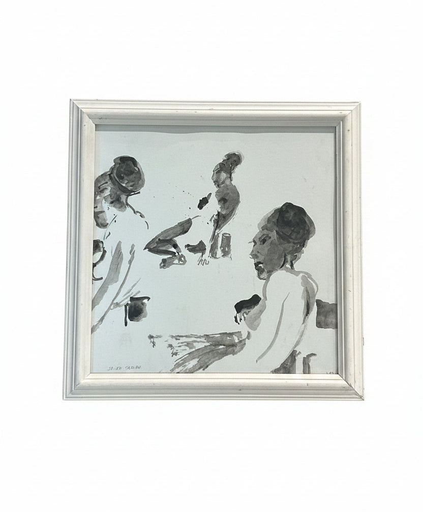 Vintage black and white sitting nude female drawing