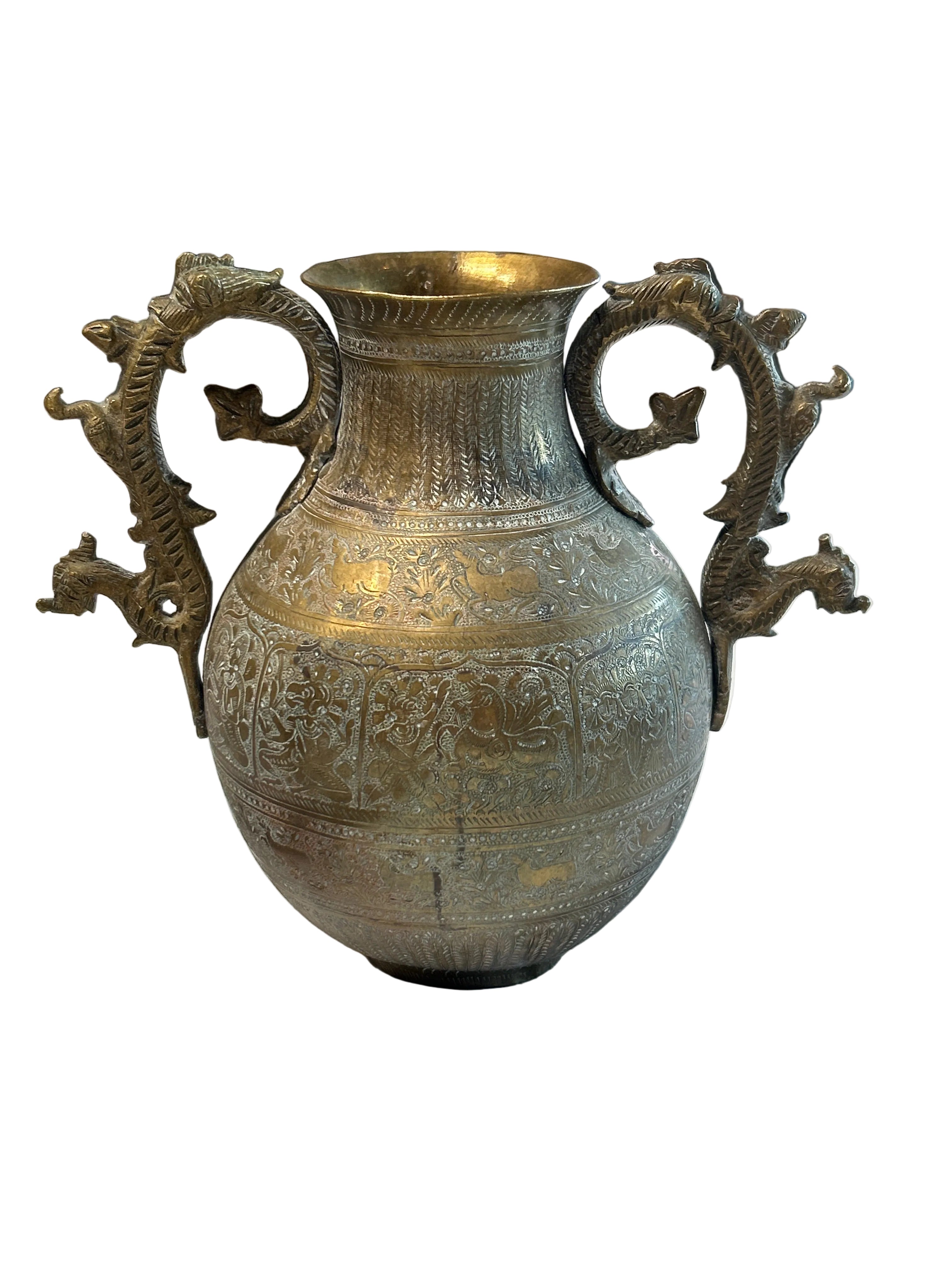 Vintage brass etched vase with dragon handles