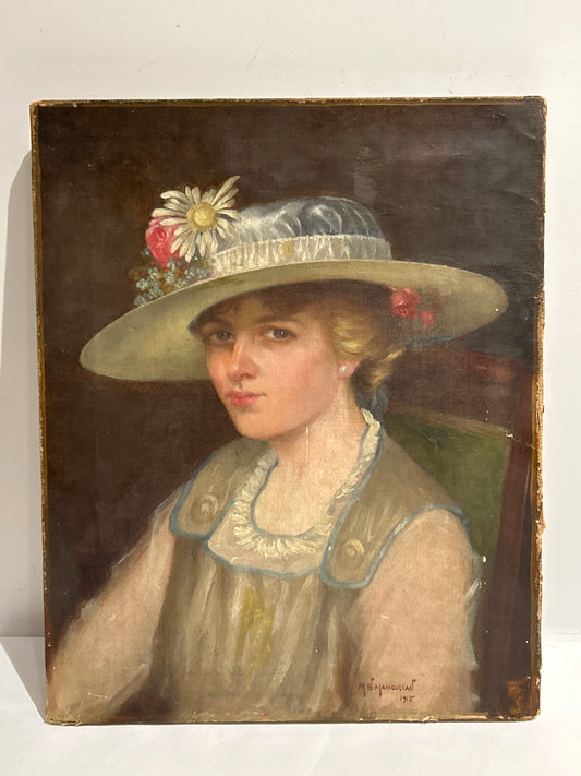 Vintage signed 1915 portrait painting of woman