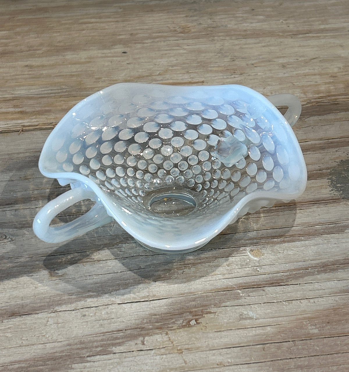 Vintage Fenton Moonstone glass candy dish w/ handles