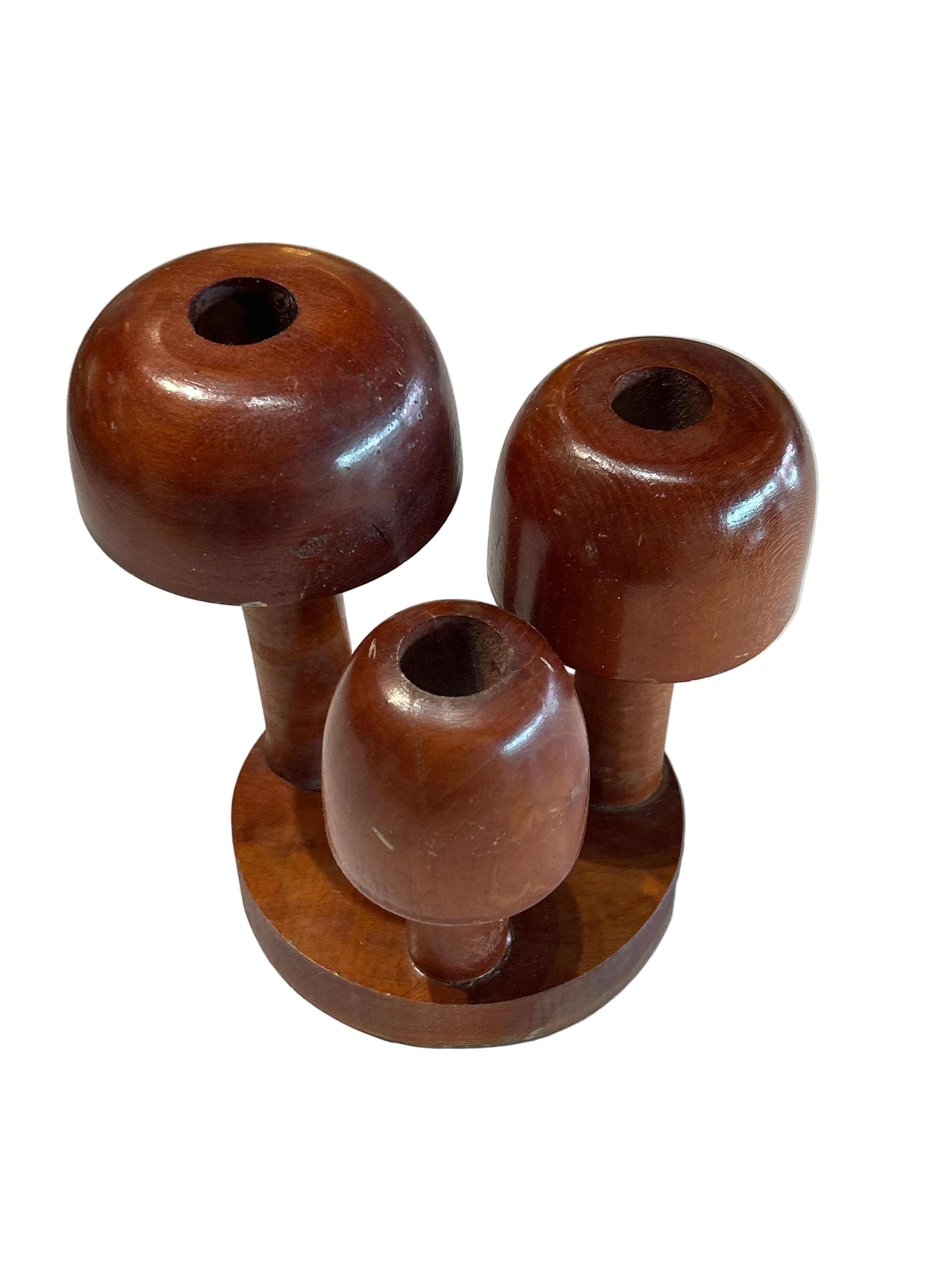 Vintage wooden mushroom candleholder set