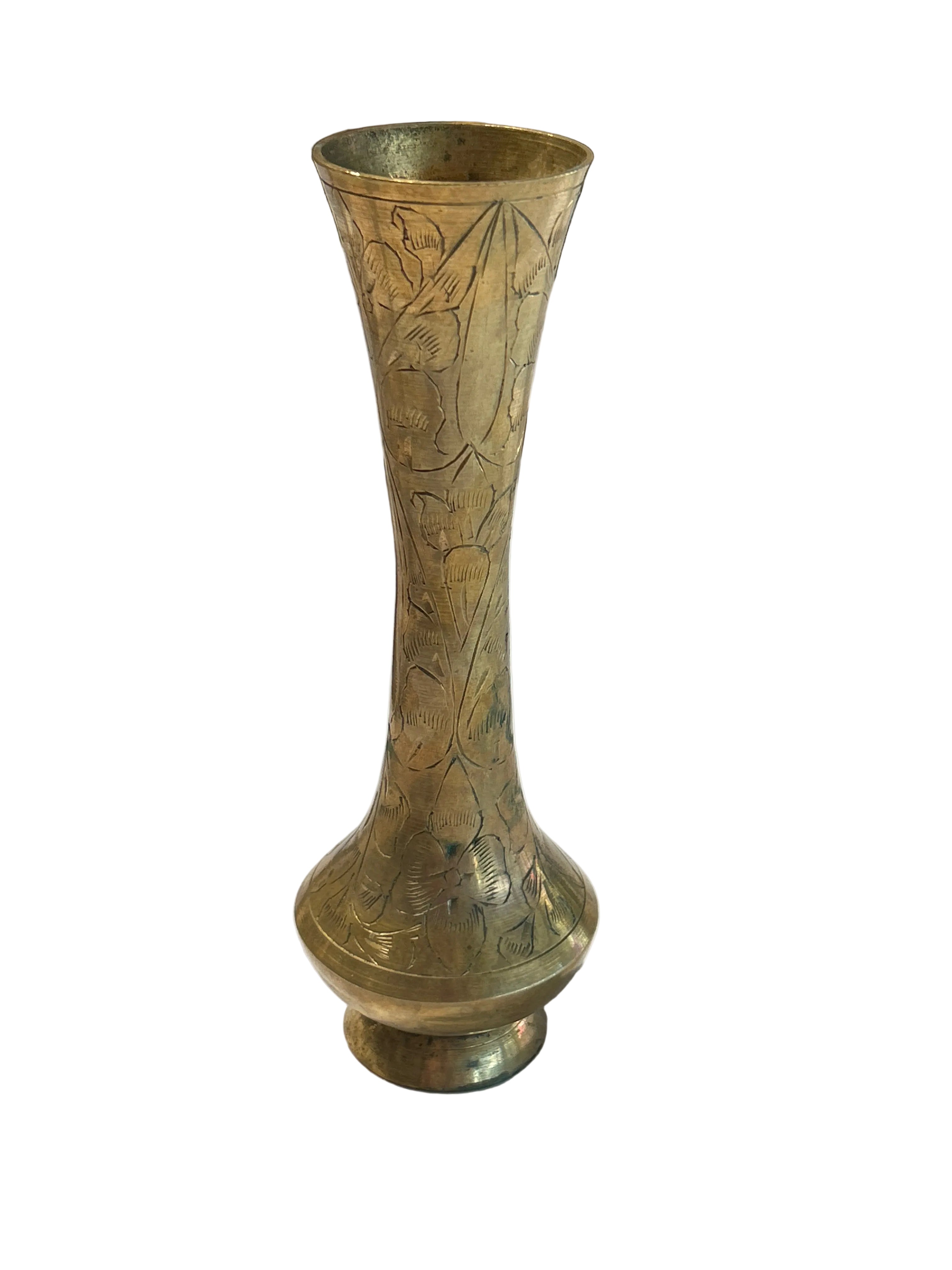Vintage etched narrow brass vase