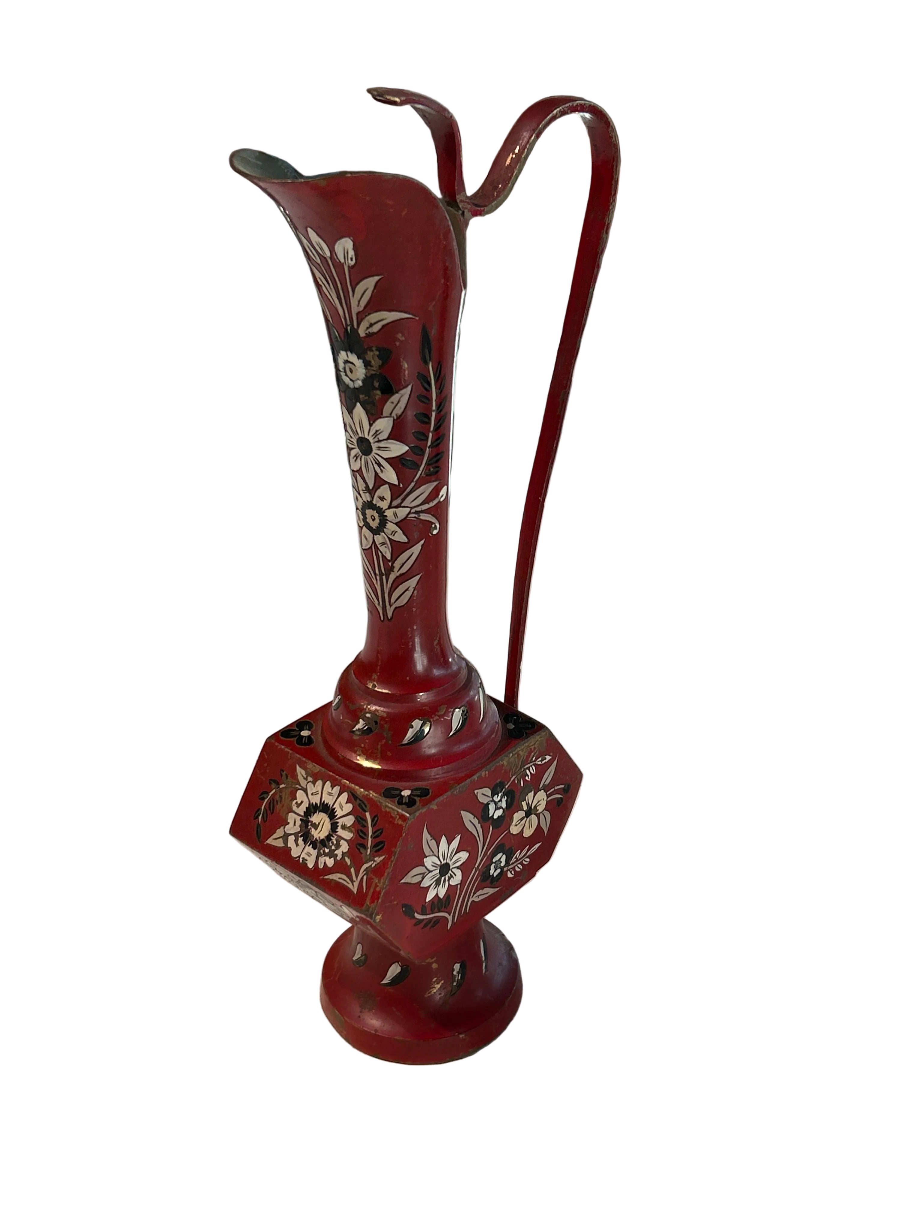 Vintage hand painted floral brass vase