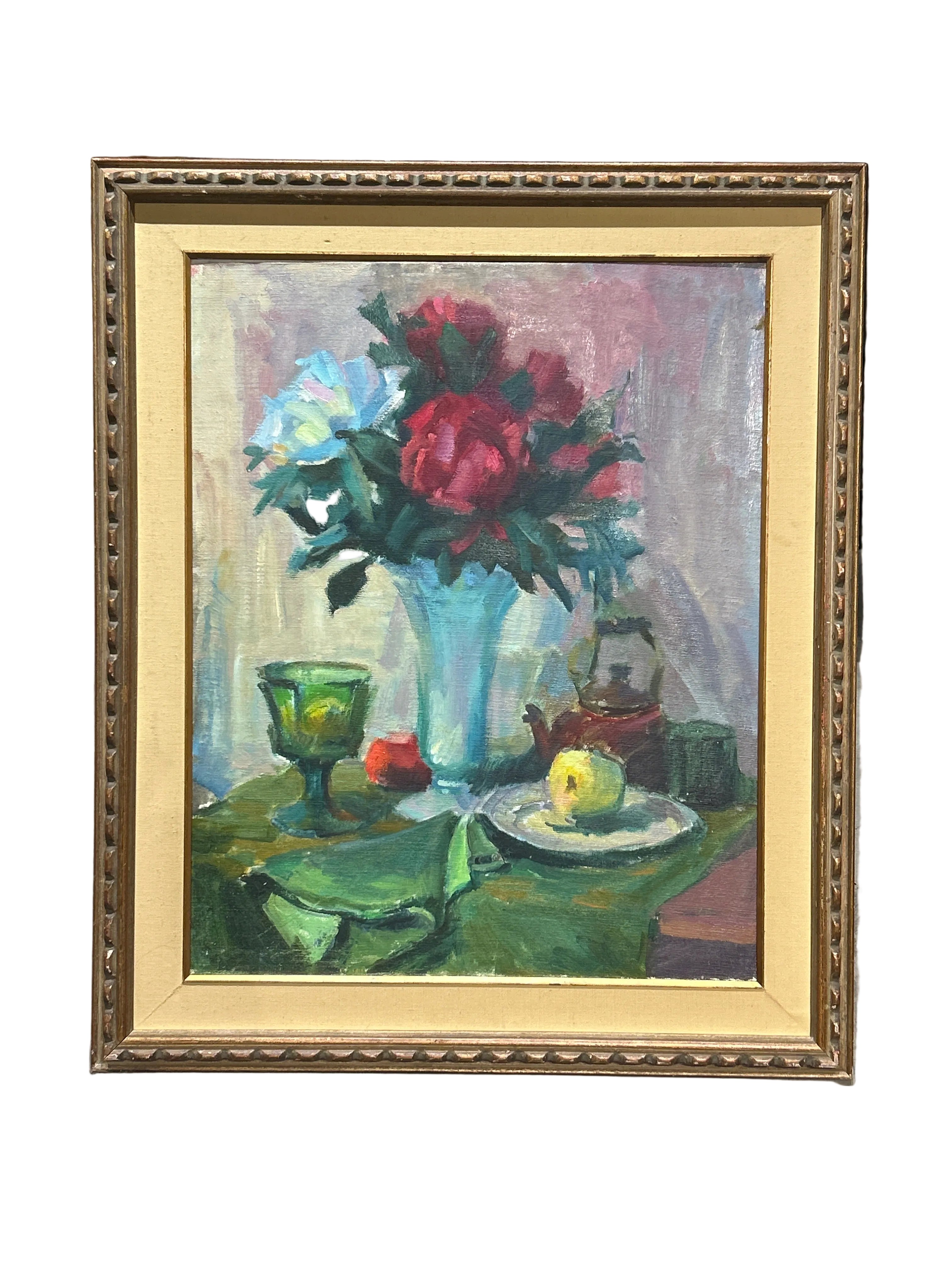 Vintage blue & green large floral oil still life with fruit and teapot