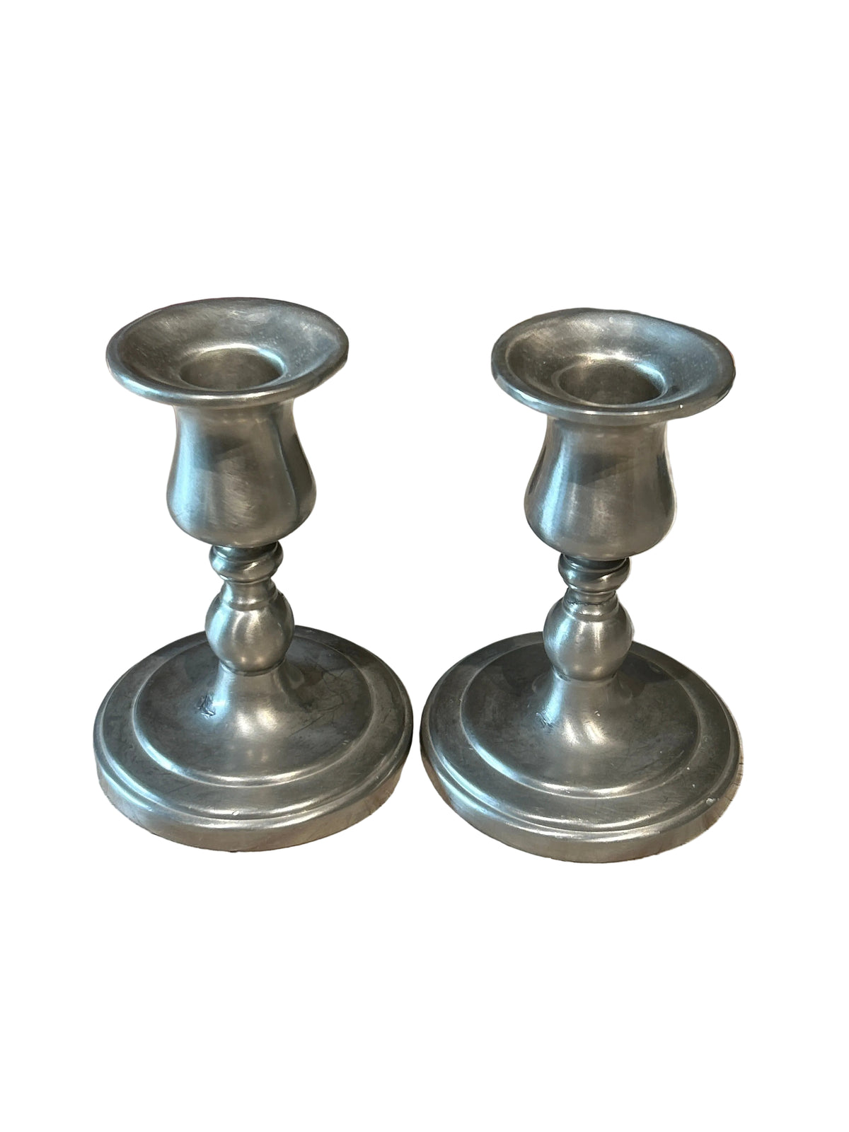 Vintage pair of Steed Britannica pewter taper candleholders