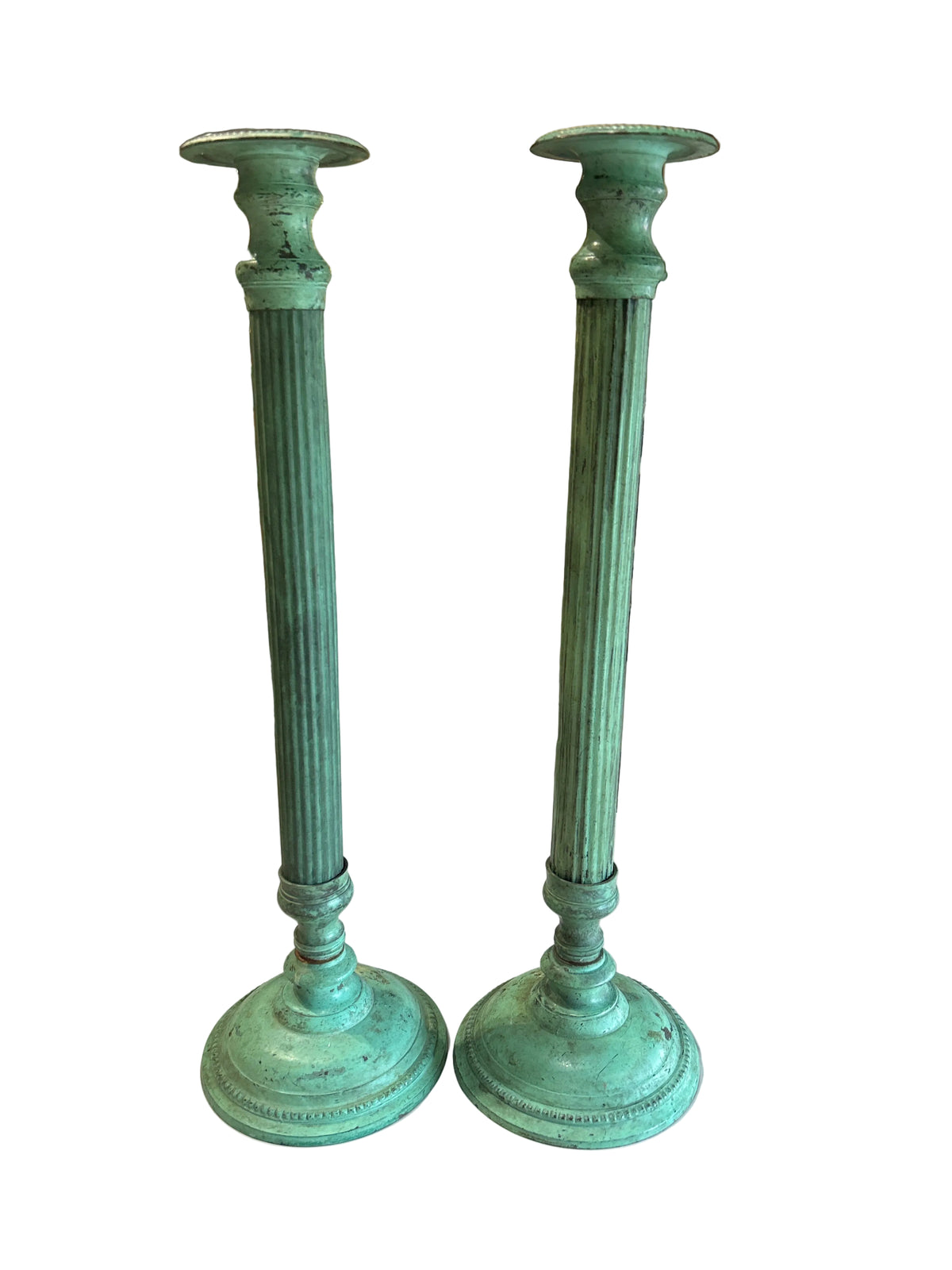 Vintage pair of large green patina'd metal candleholders