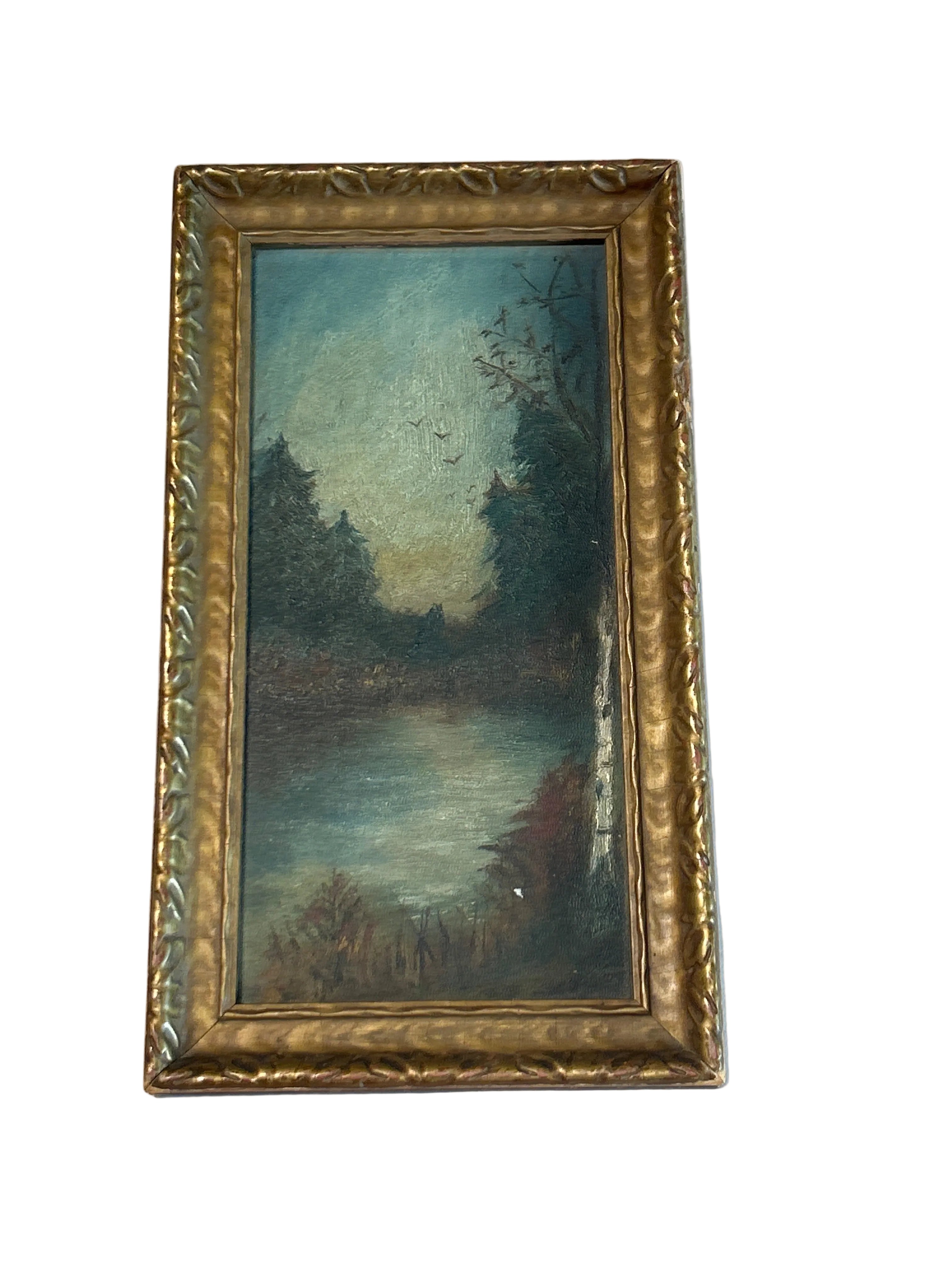 Vintage moody oil landscape in gilded wood