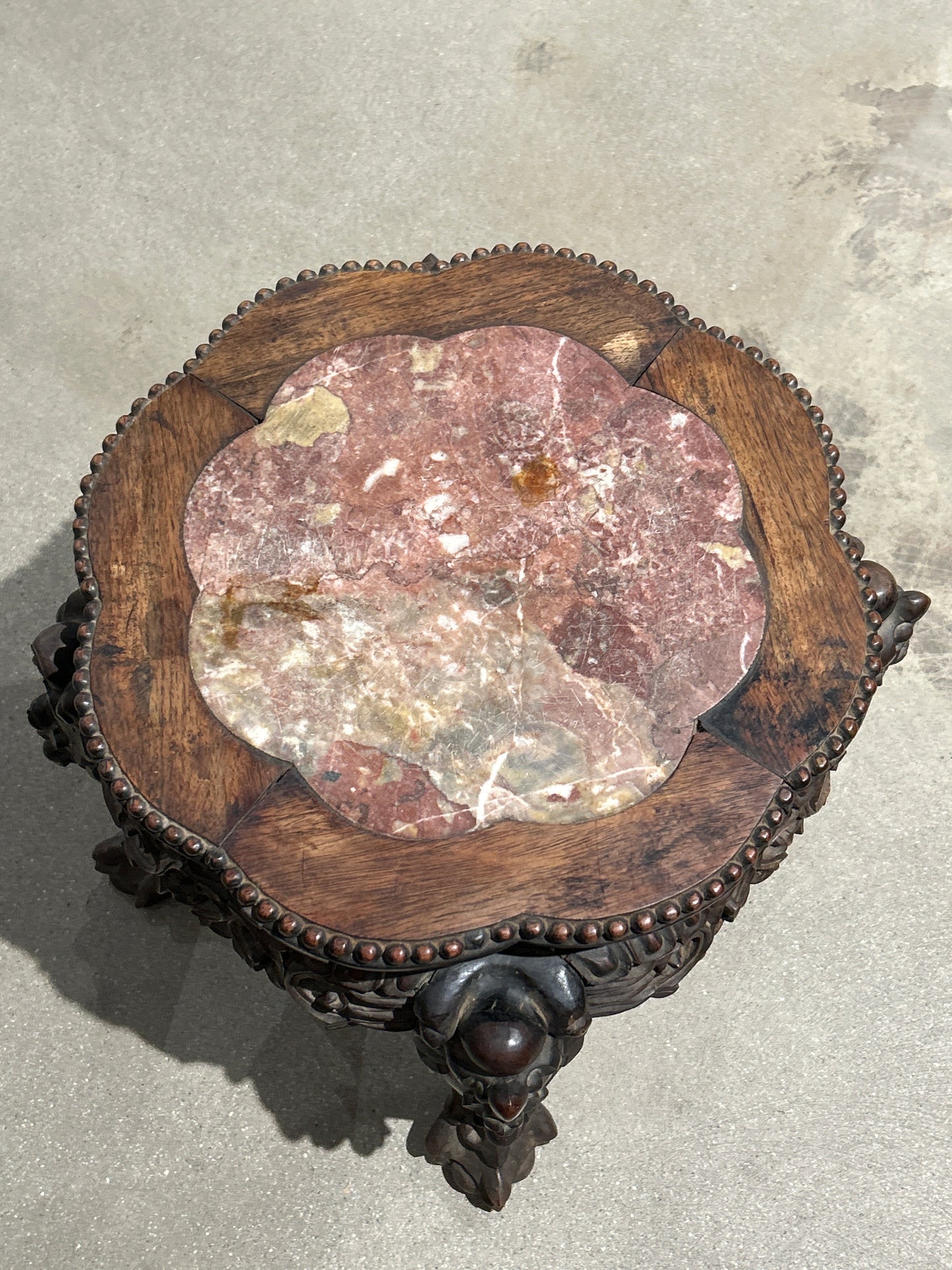 Vintage wood side table with marble top