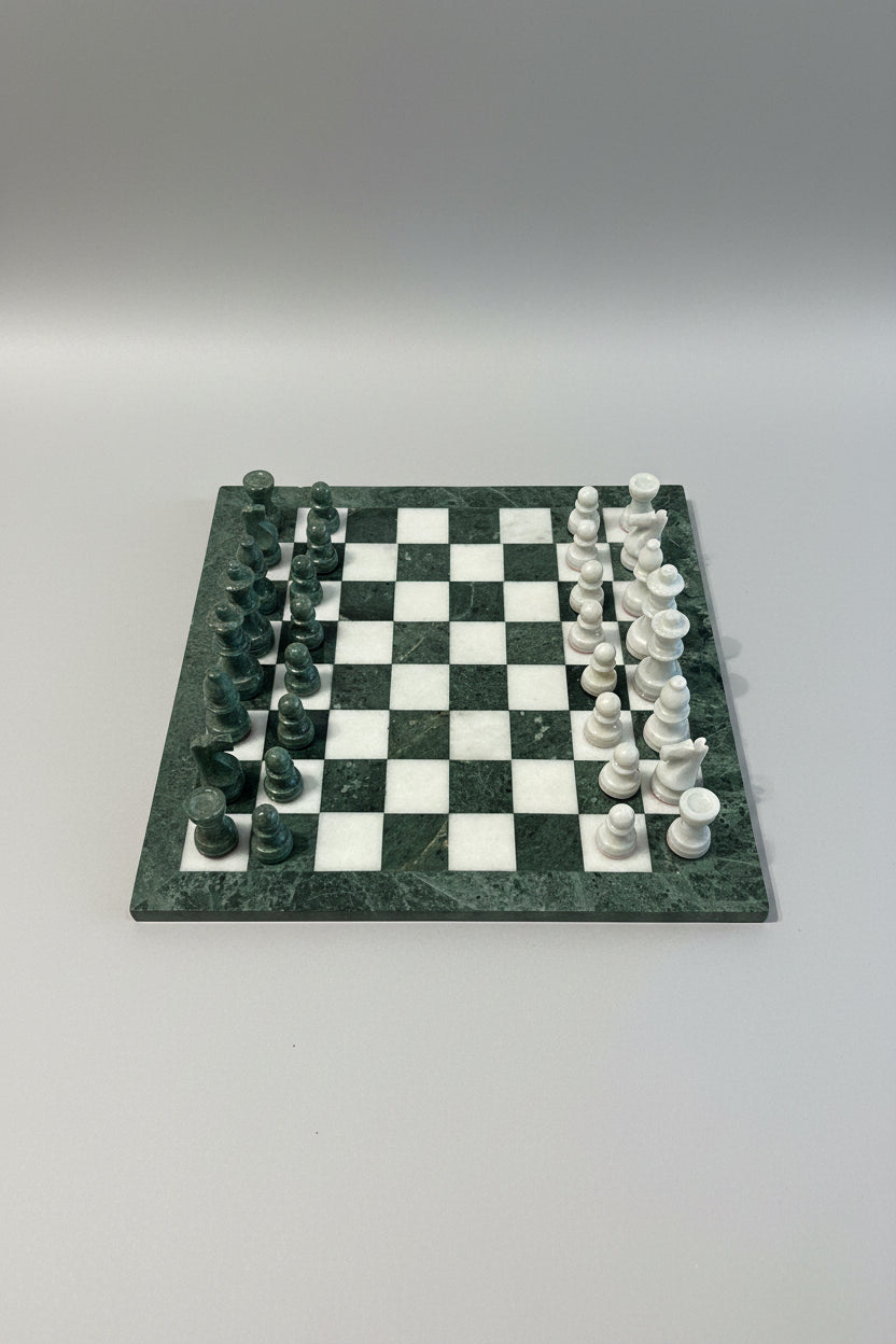 Vintage green and white marble chess set