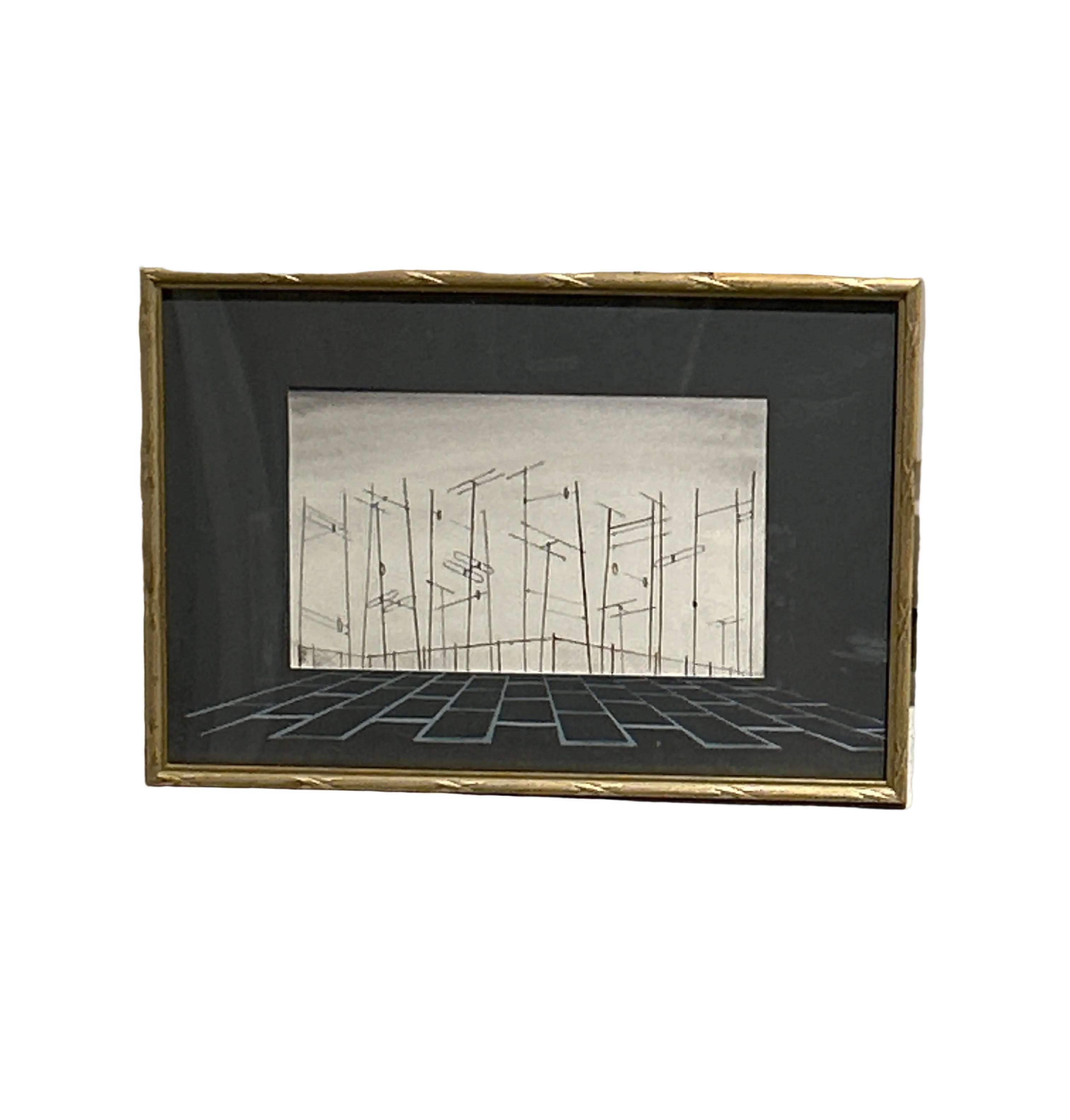 Vintage architectural drawing over stretched tiled floor