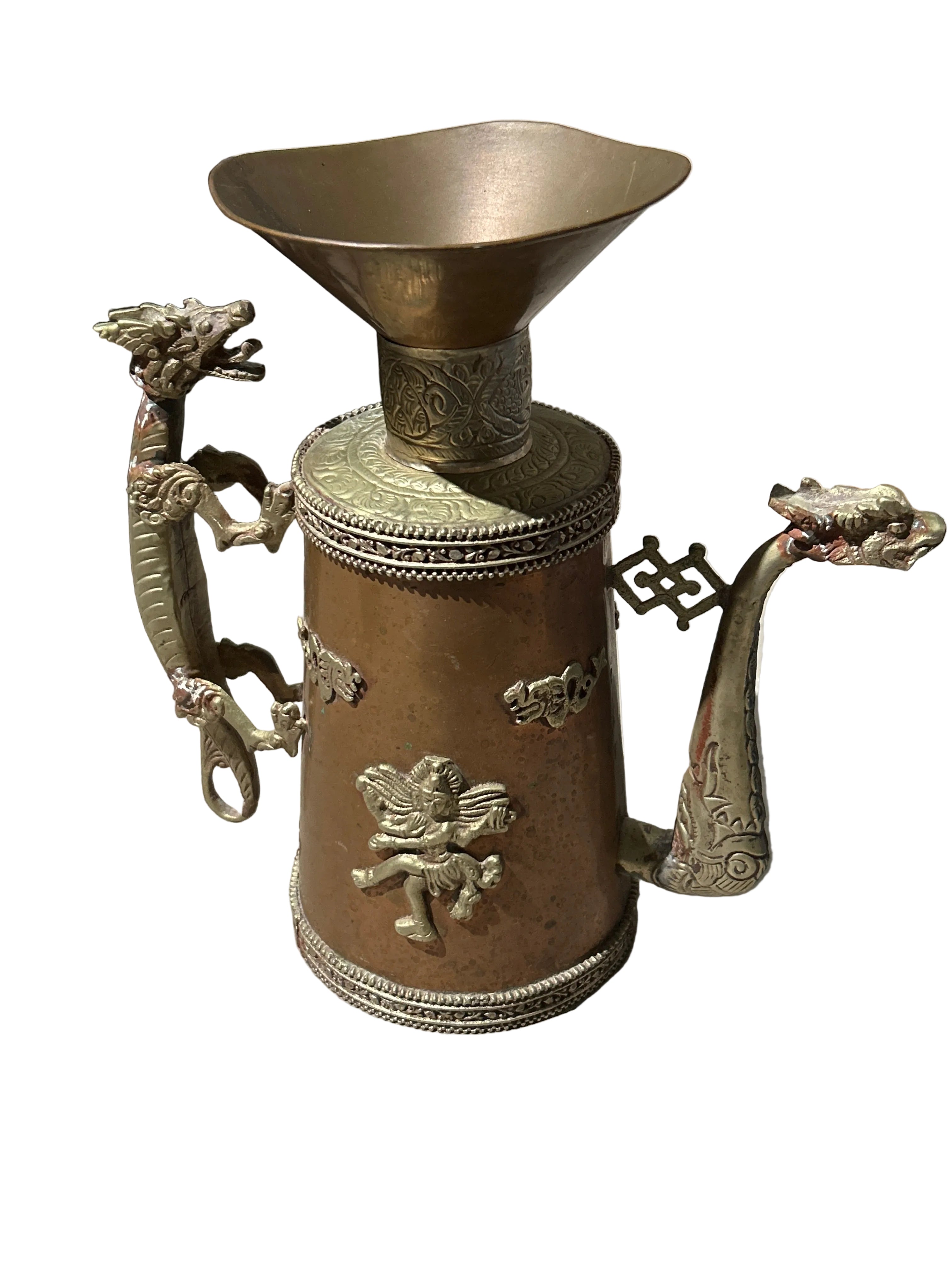 Vintage Tibetan brass urn with dragon handles