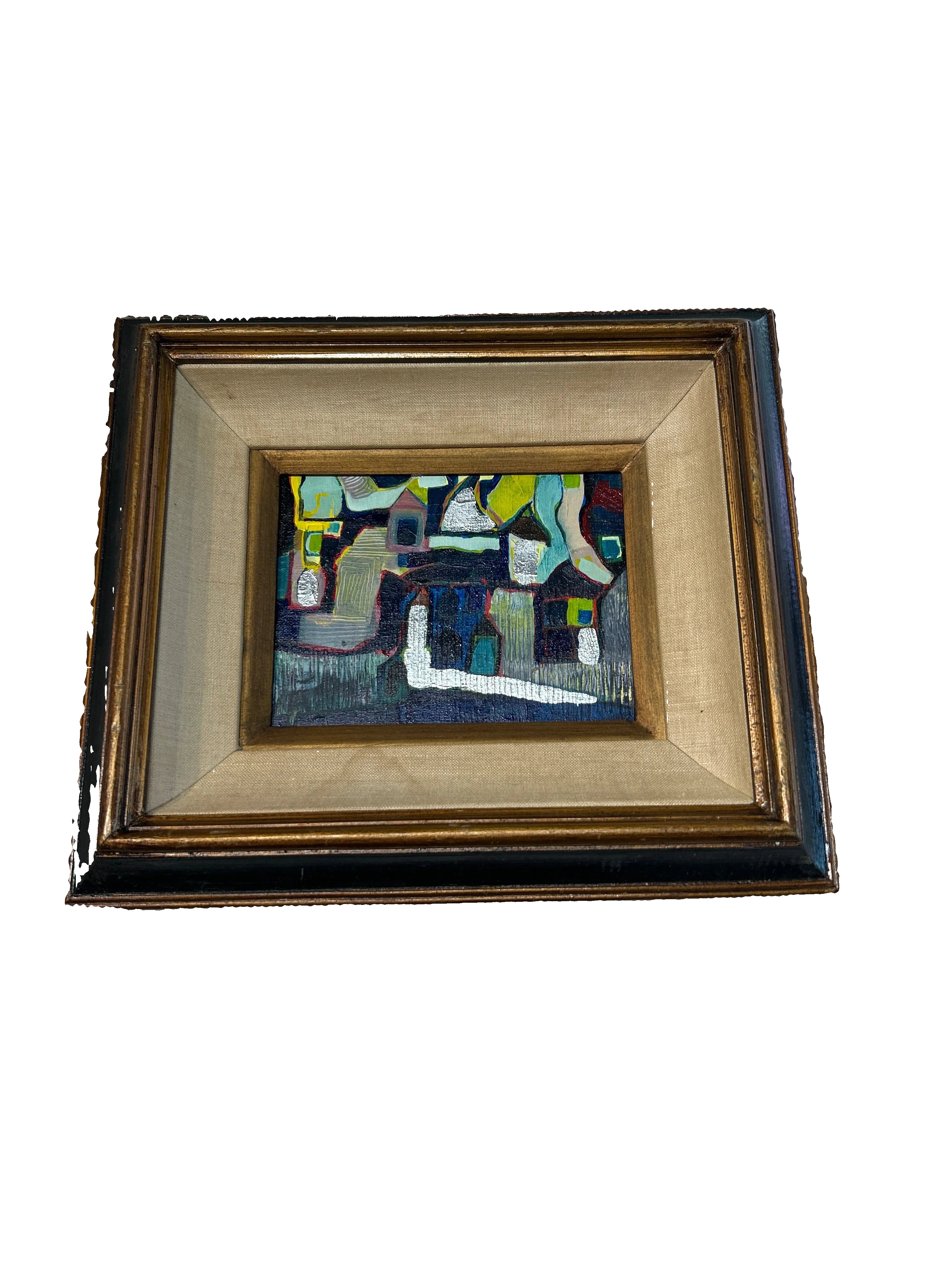 Vintage abstract painting in black and gold frame