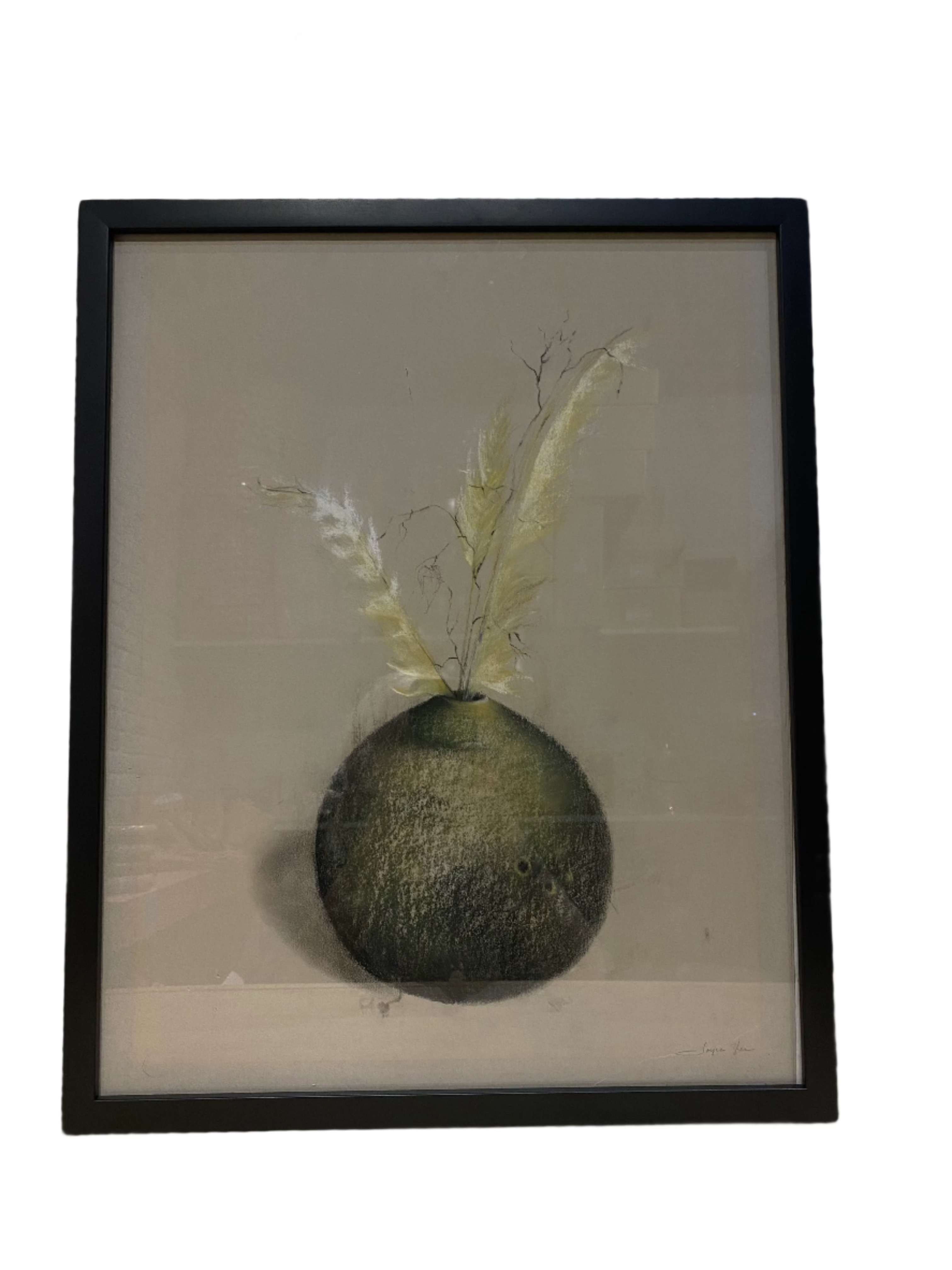 Framed drawing of vase with feathers