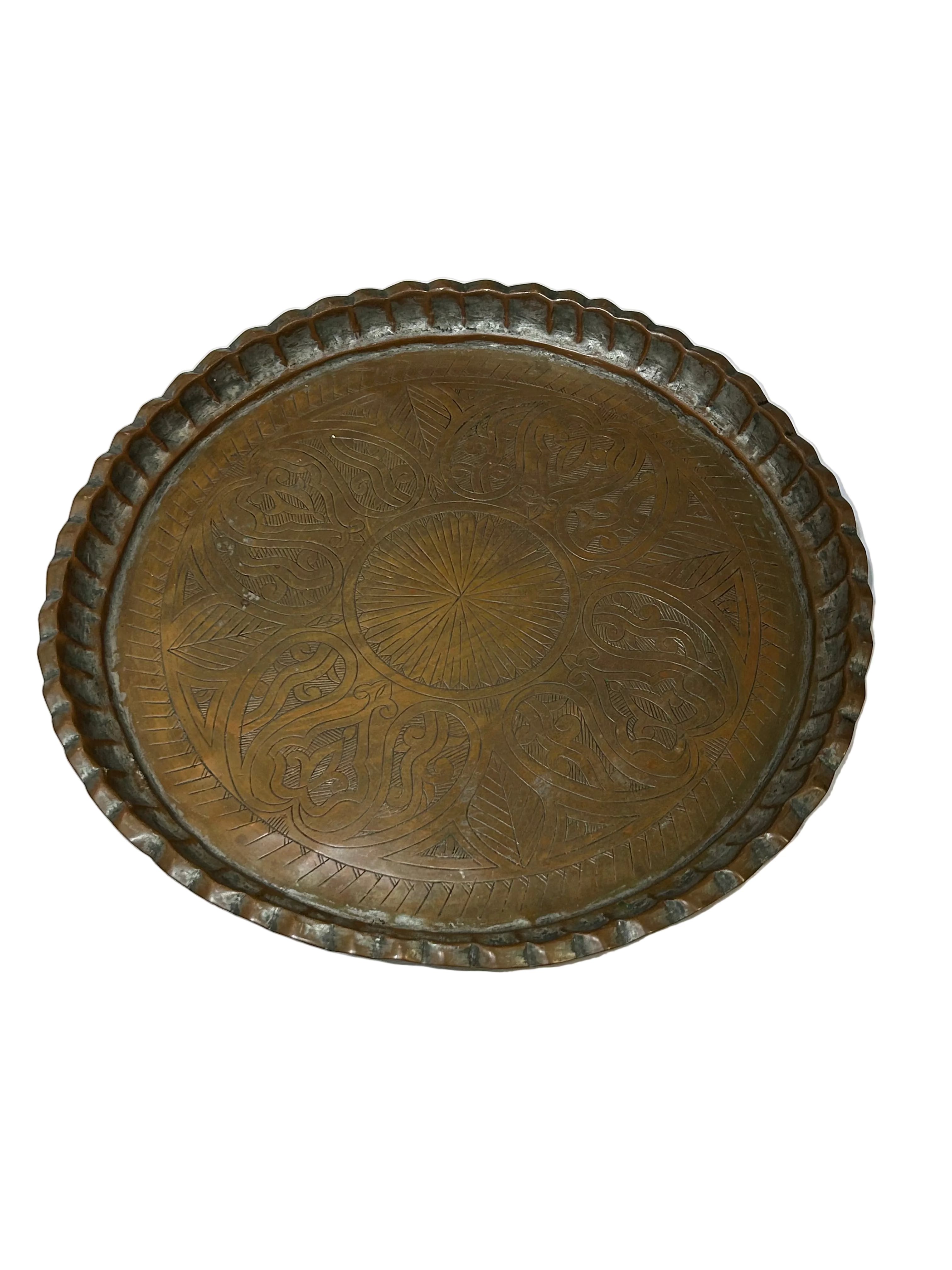 Vintage engraved copper tray with crest edges