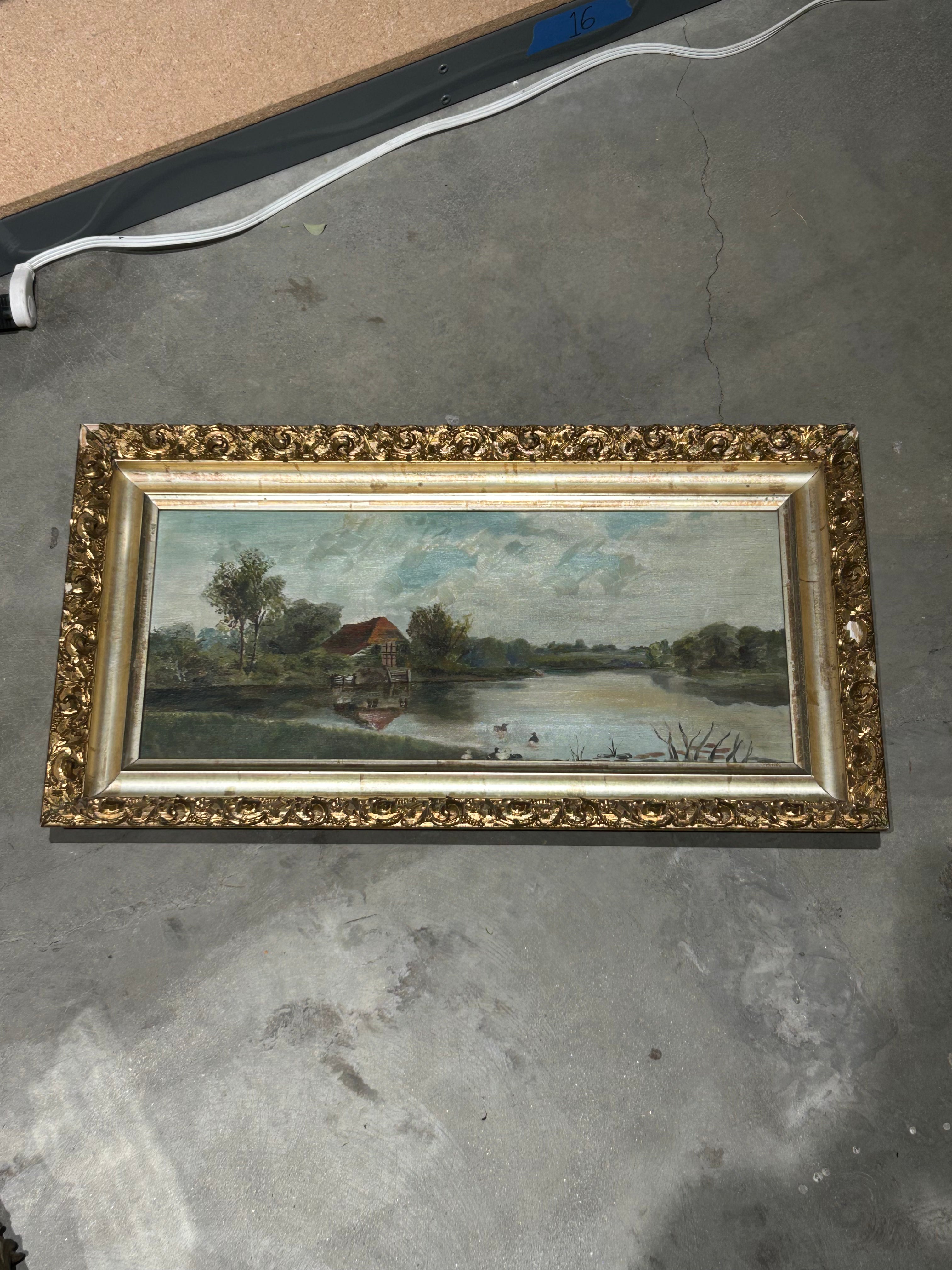 Vintage cottage on a pond painting in gold frame