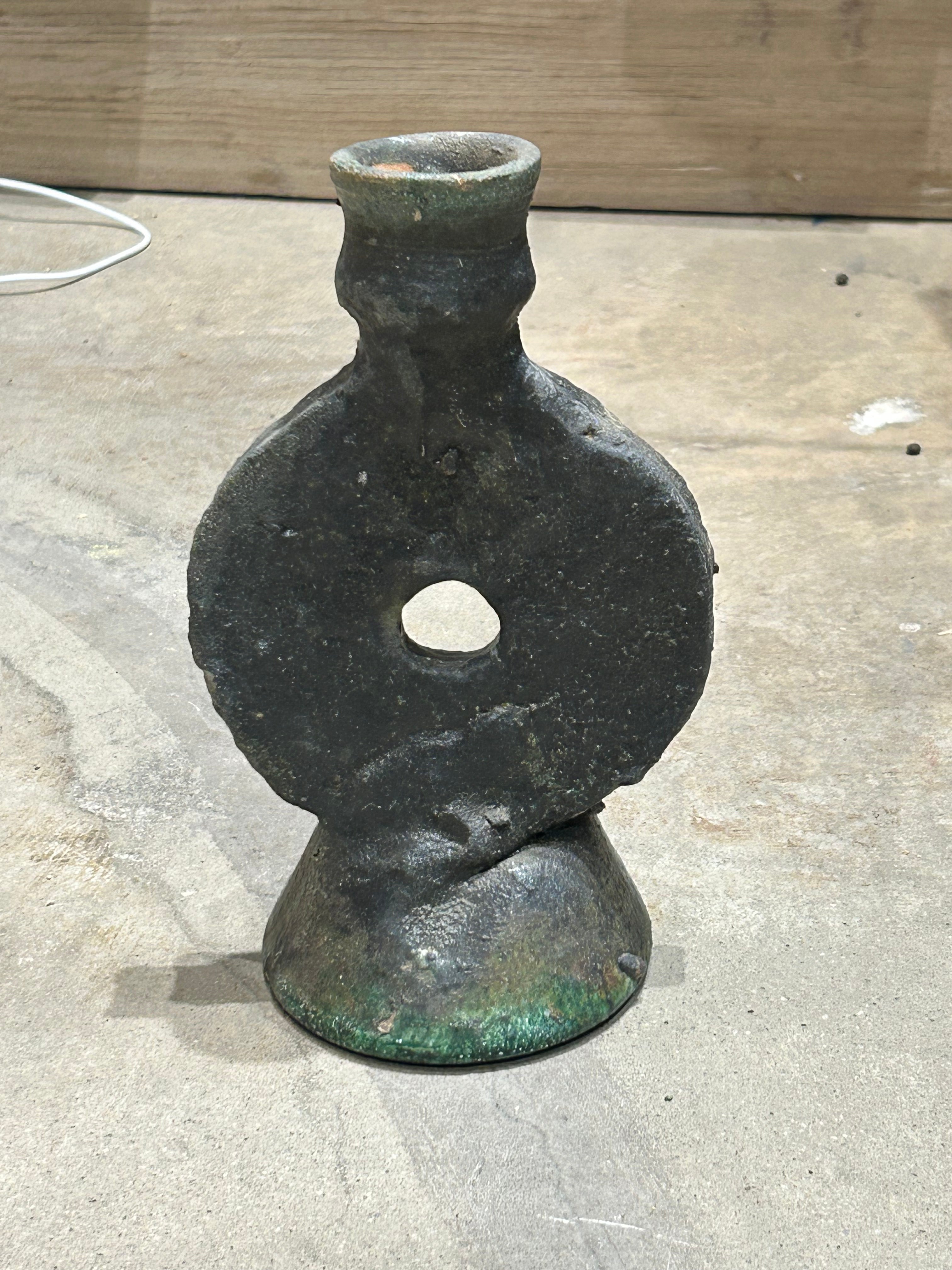 Vintage round green pottery candle holder
