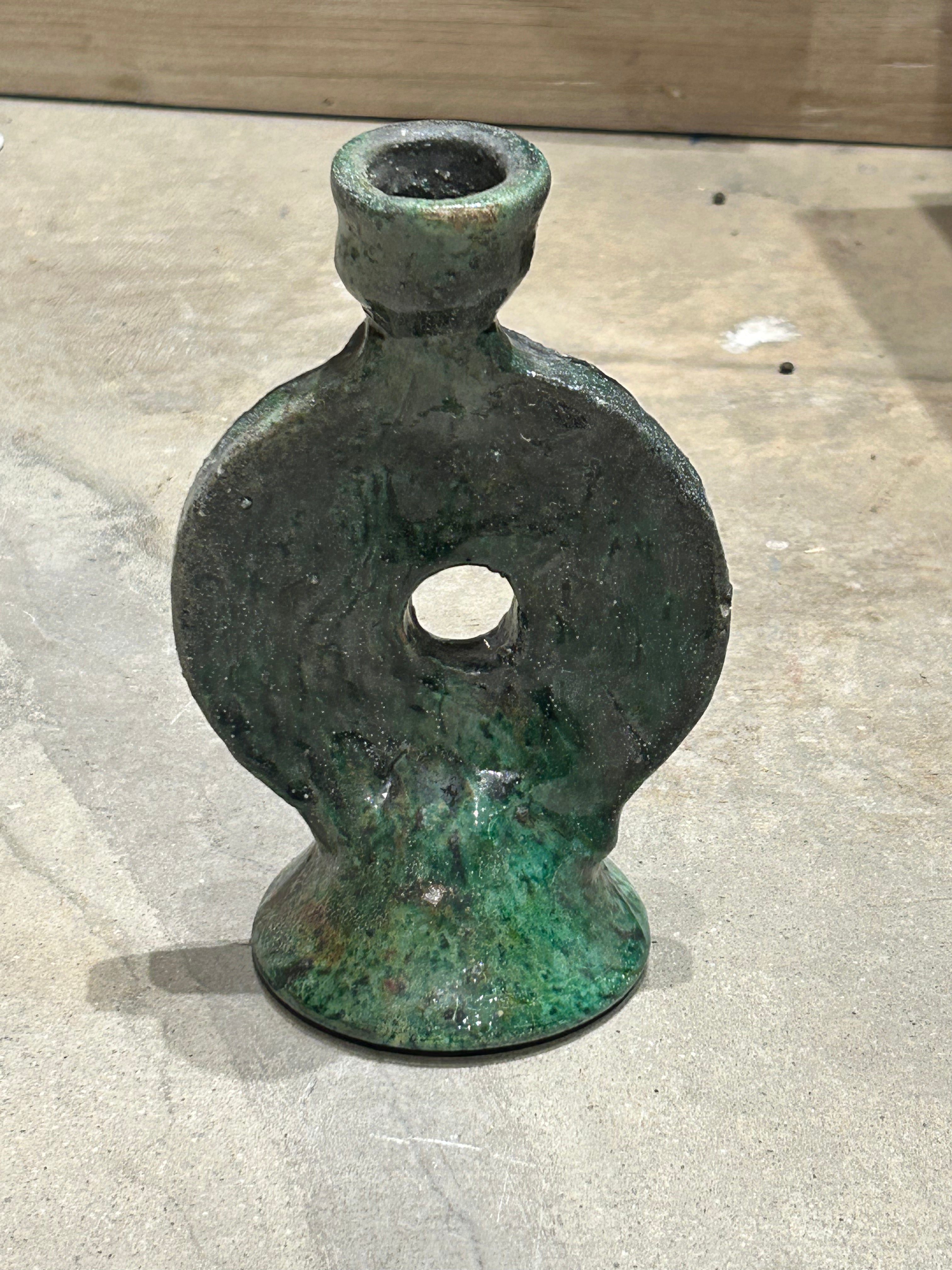 Vintage round green pottery candle holder