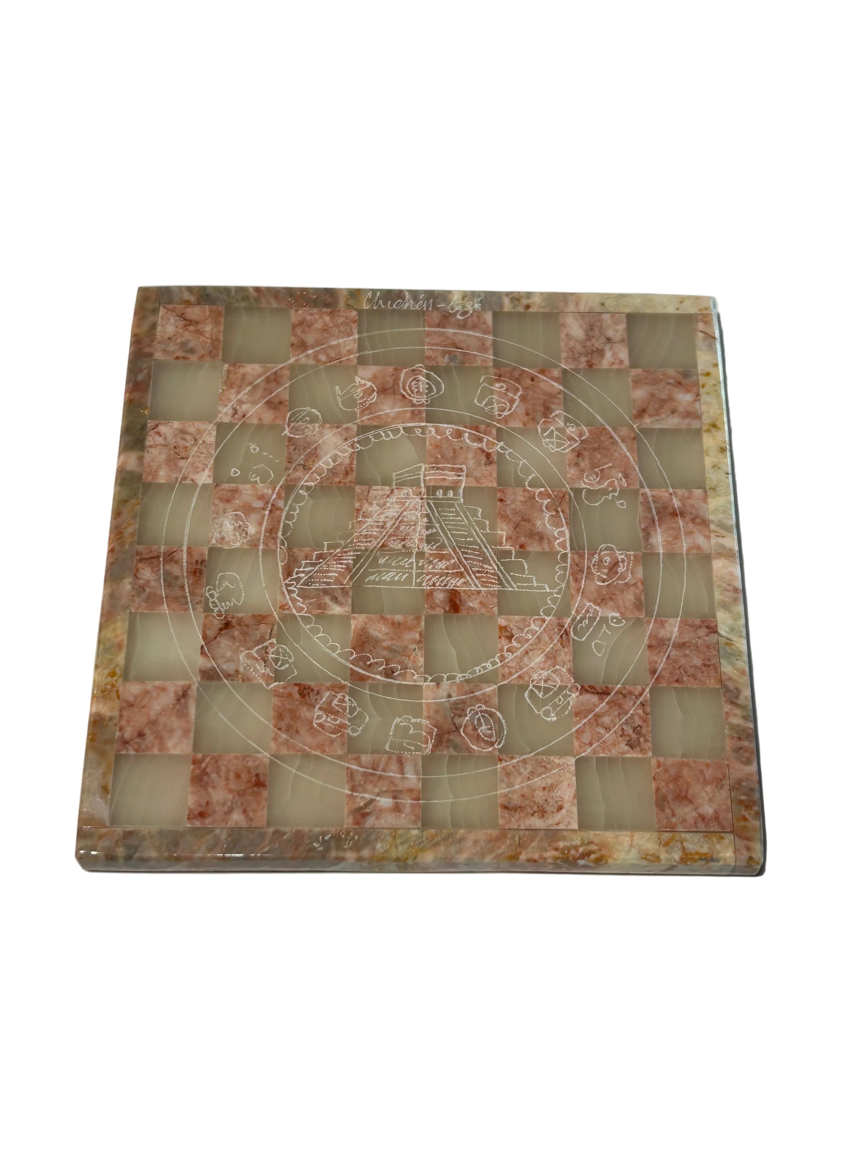 Vintage mini etched pink and cream marble chess set